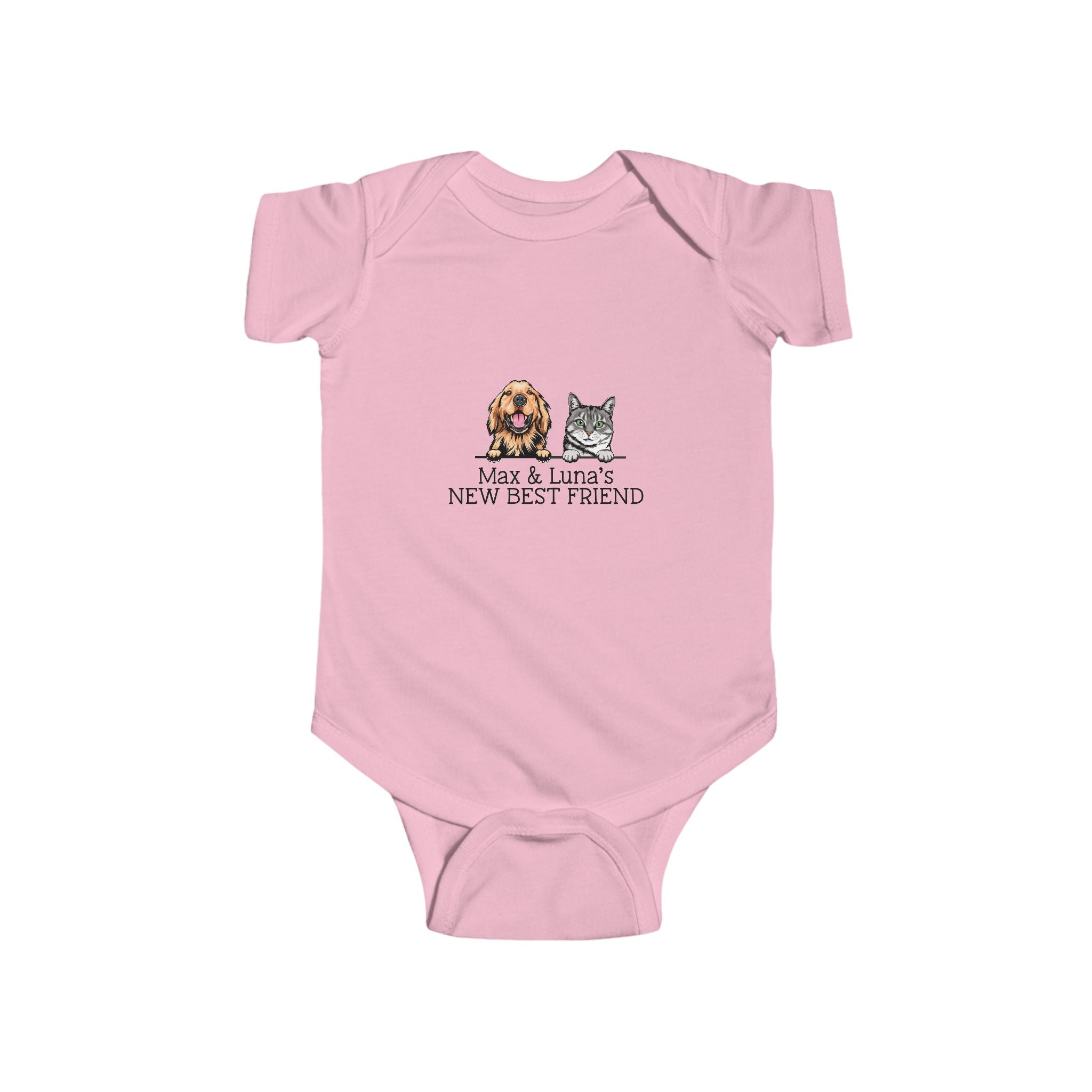 Personalized baby bodysuit with pet names and “New Best Friend” text

