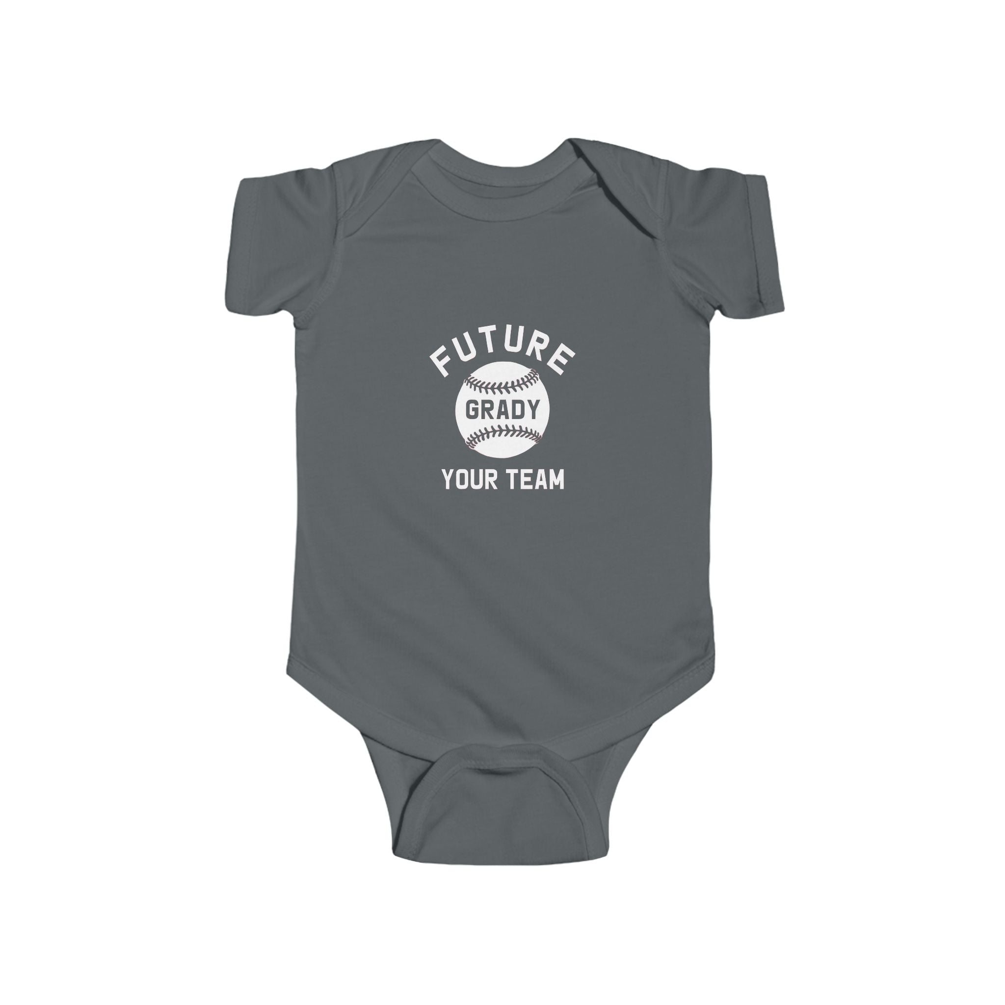 Royal blue baby onesie with white text and baseball graphic that says “Future Grady Your Team” – customizable baby bodysuit for sports fans