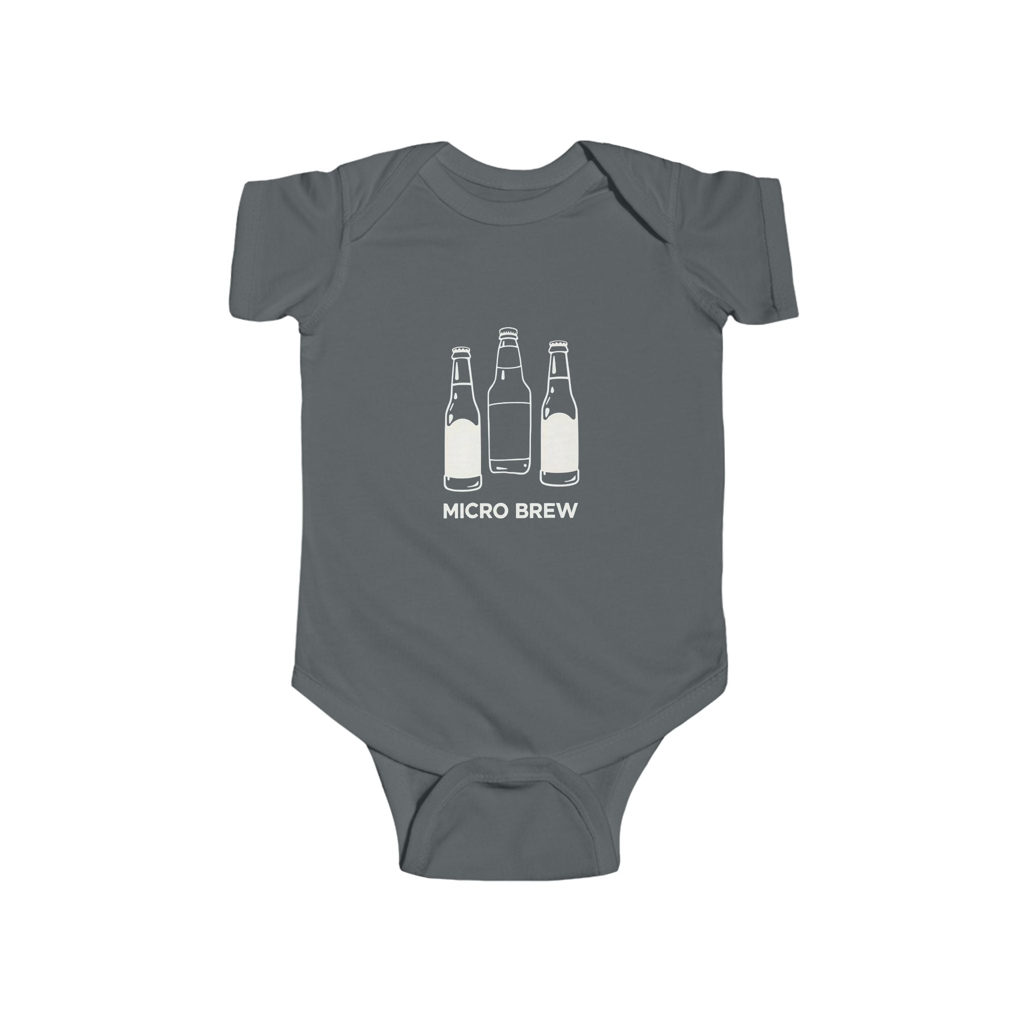 Funny Micro Brew baby bodysuit with illustrated beer bottles and text, customizable color