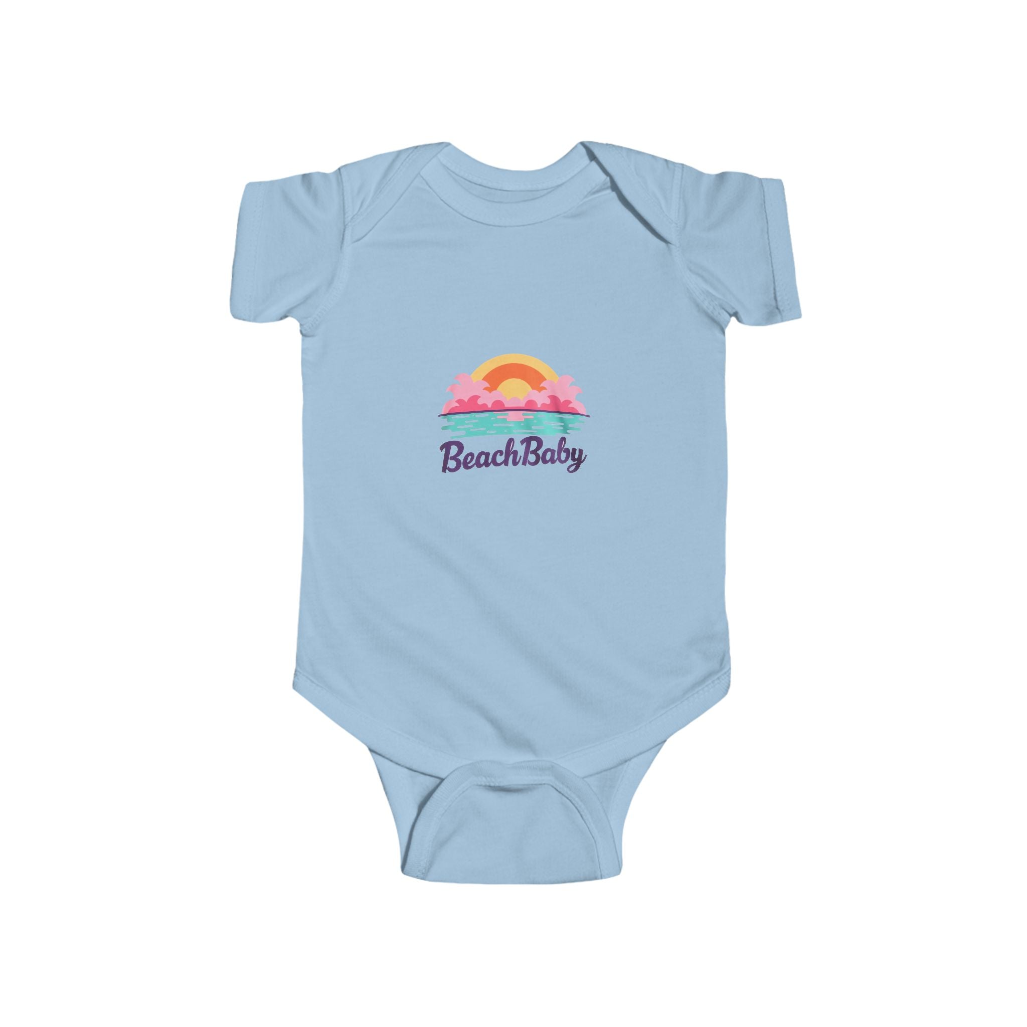 baby onesie with “Beach Baby” print and ocean sunset design—perfect summer bodysuit for babies on vacation or beach day outings.