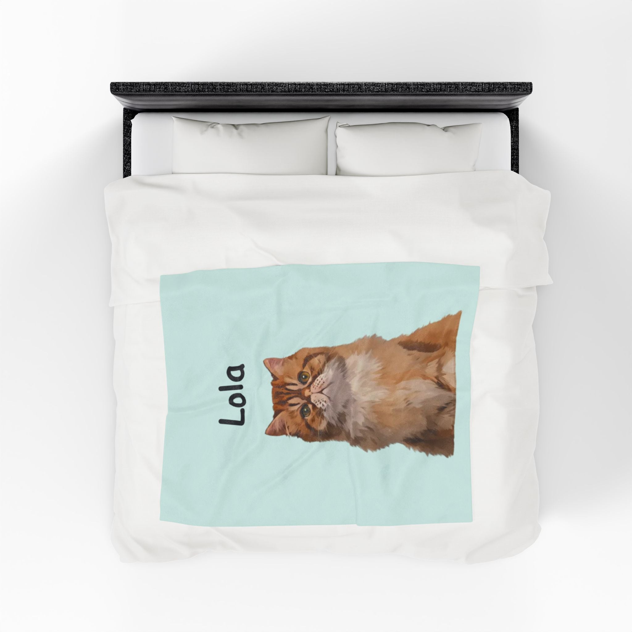 Pet portrait blanket with a custom illustrated pet and the name