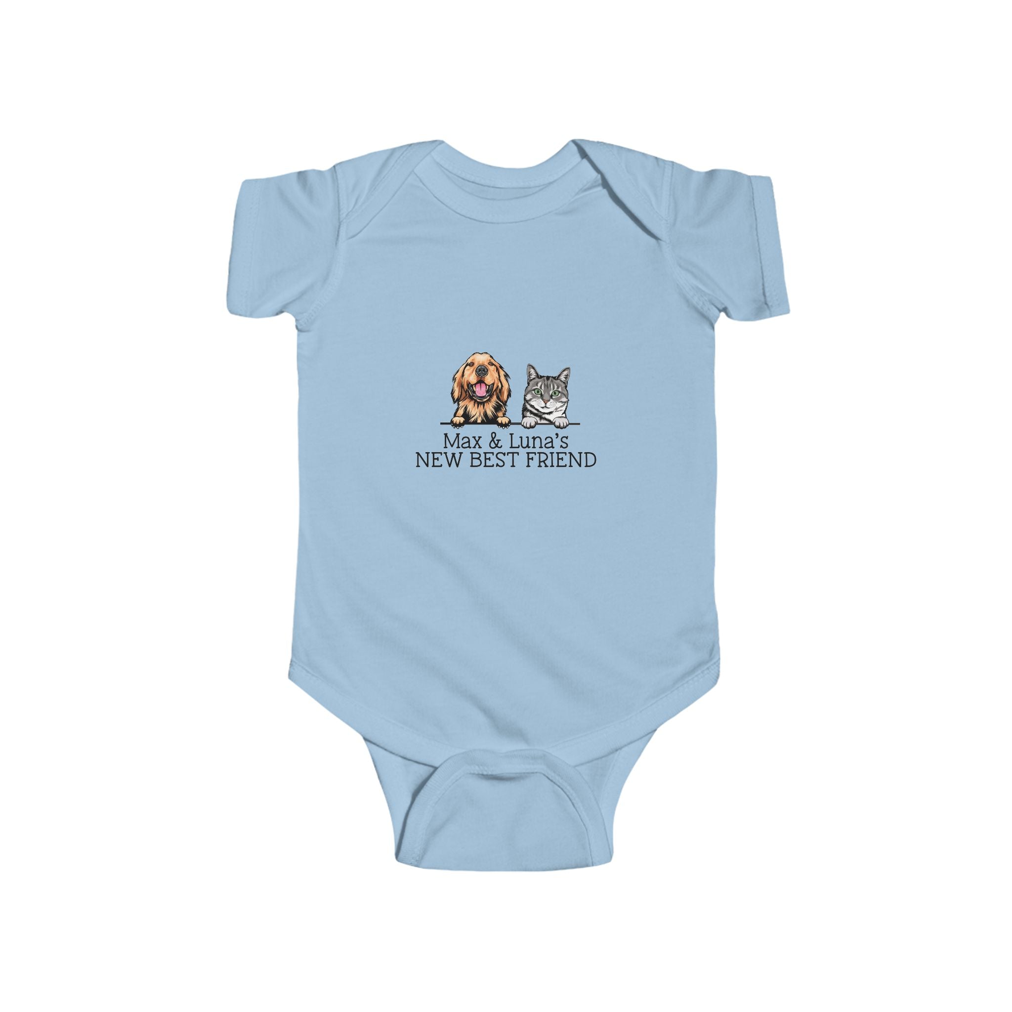 Light blue infant onesie with custom pet portraits


