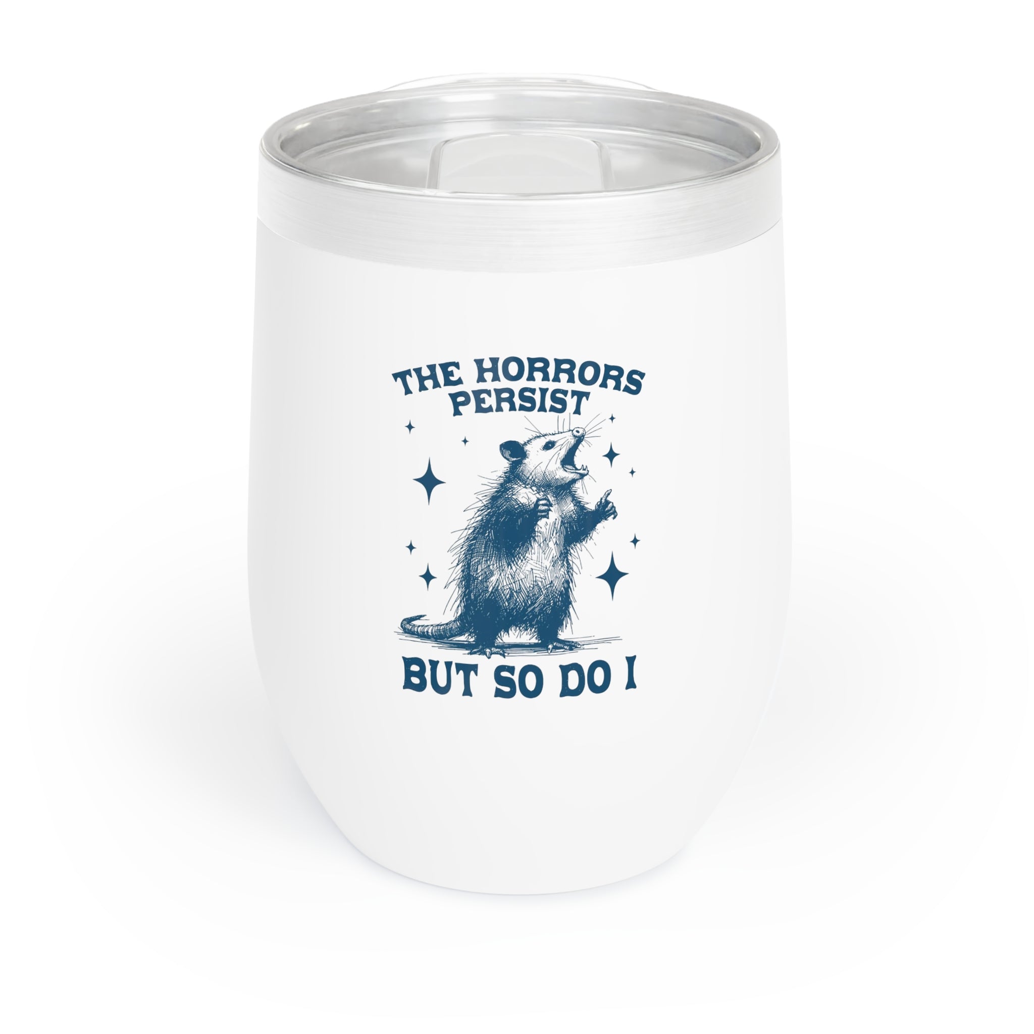 Inspirational wine tumbler with vintage opossum design and spill-proof lid