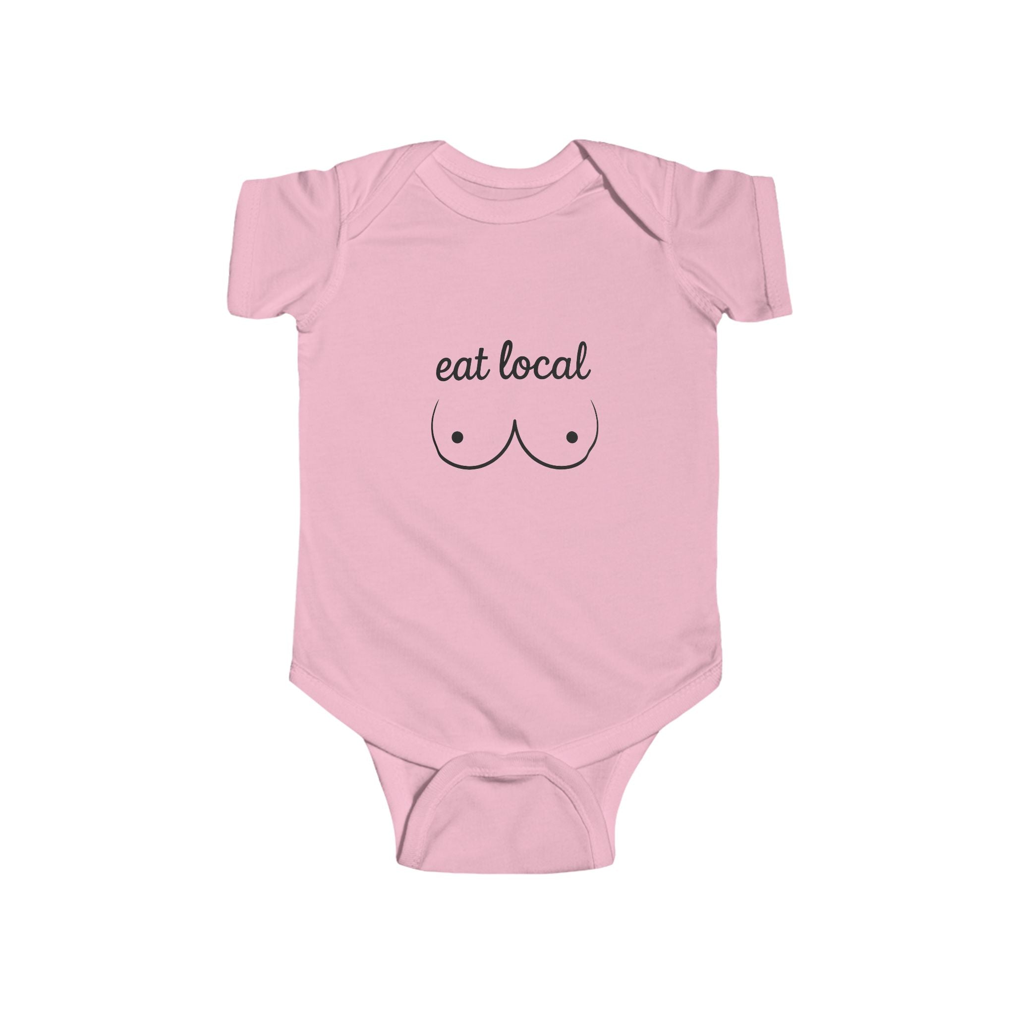White baby onesie with "eat local" breastfeeding graphic and minimalist chest illustration