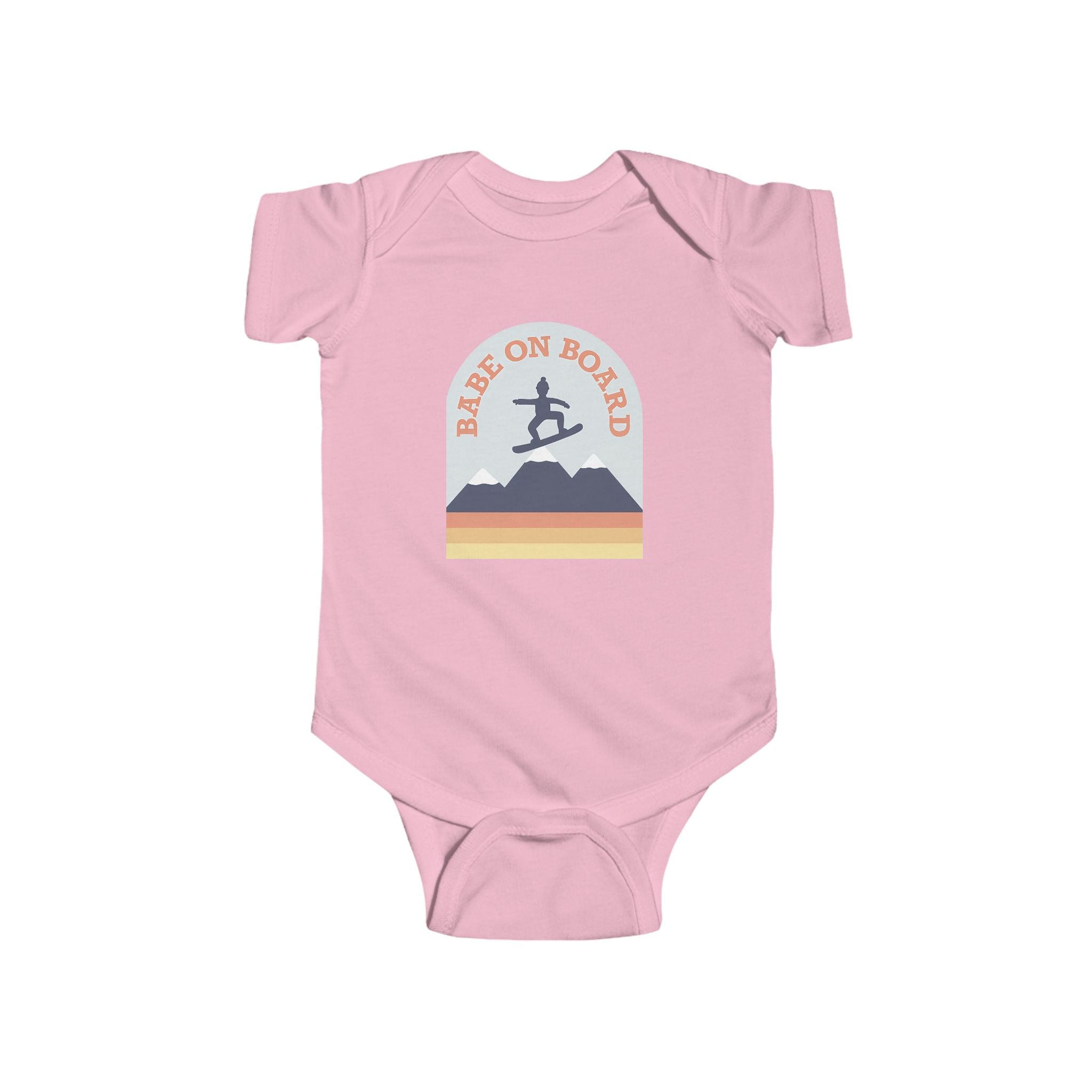 baby onesie with “Babe On Board” snowboarding design over retro mountains








