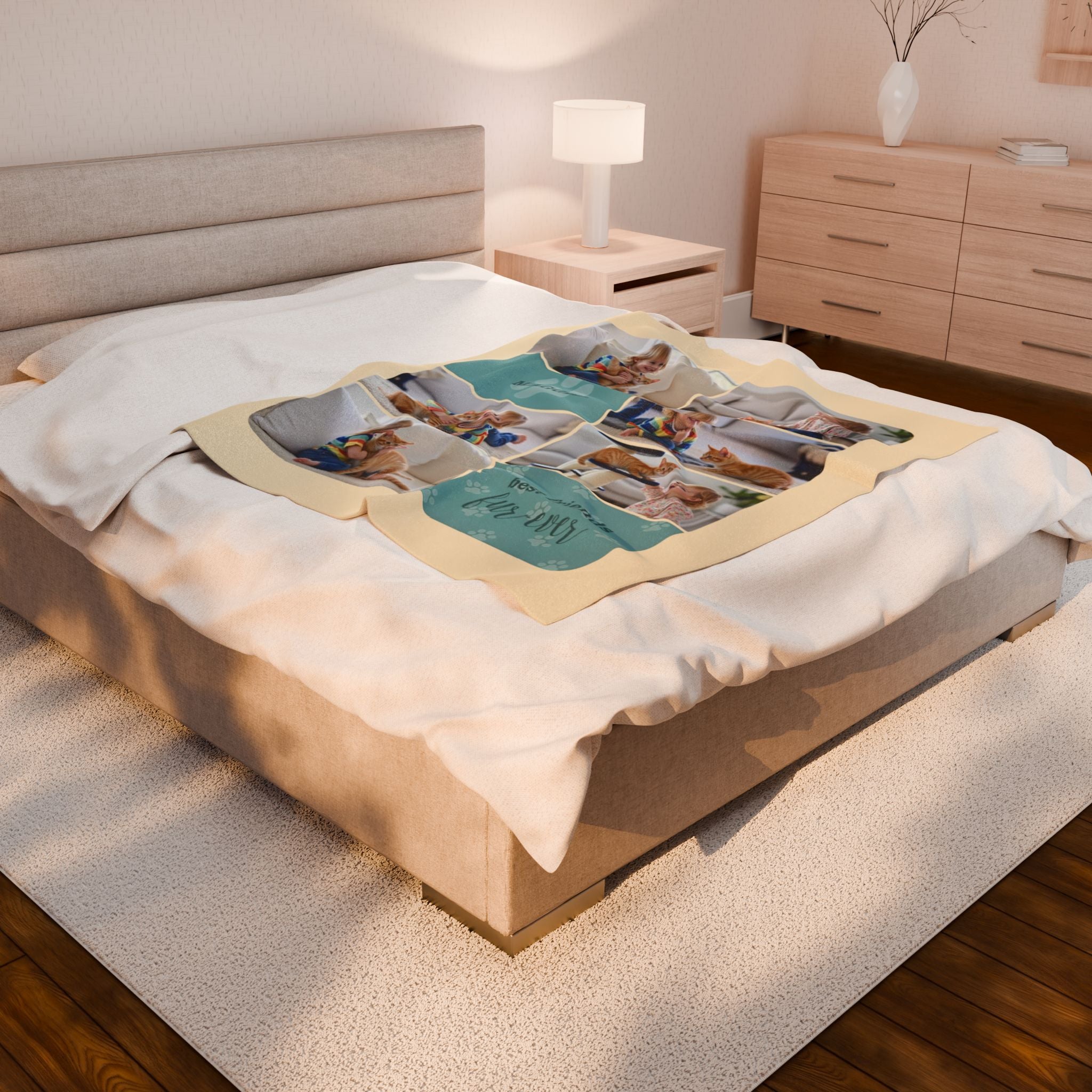 Custom pet photo blanket with paw prints, personalized name, and “best friends fur-ever” quote

