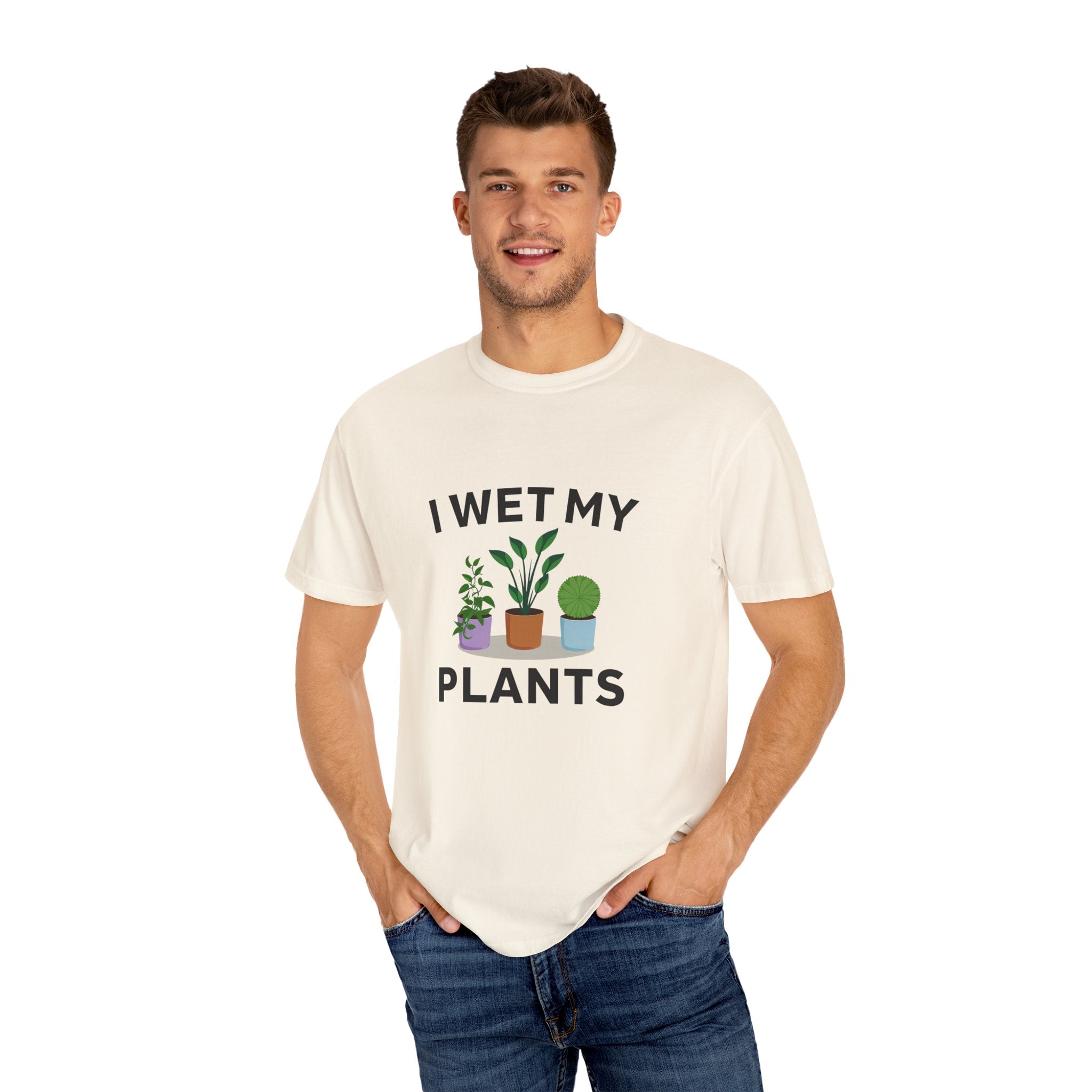 White unisex t-shirt with “I Wet My Plants” text and three illustrated potted plants below the print