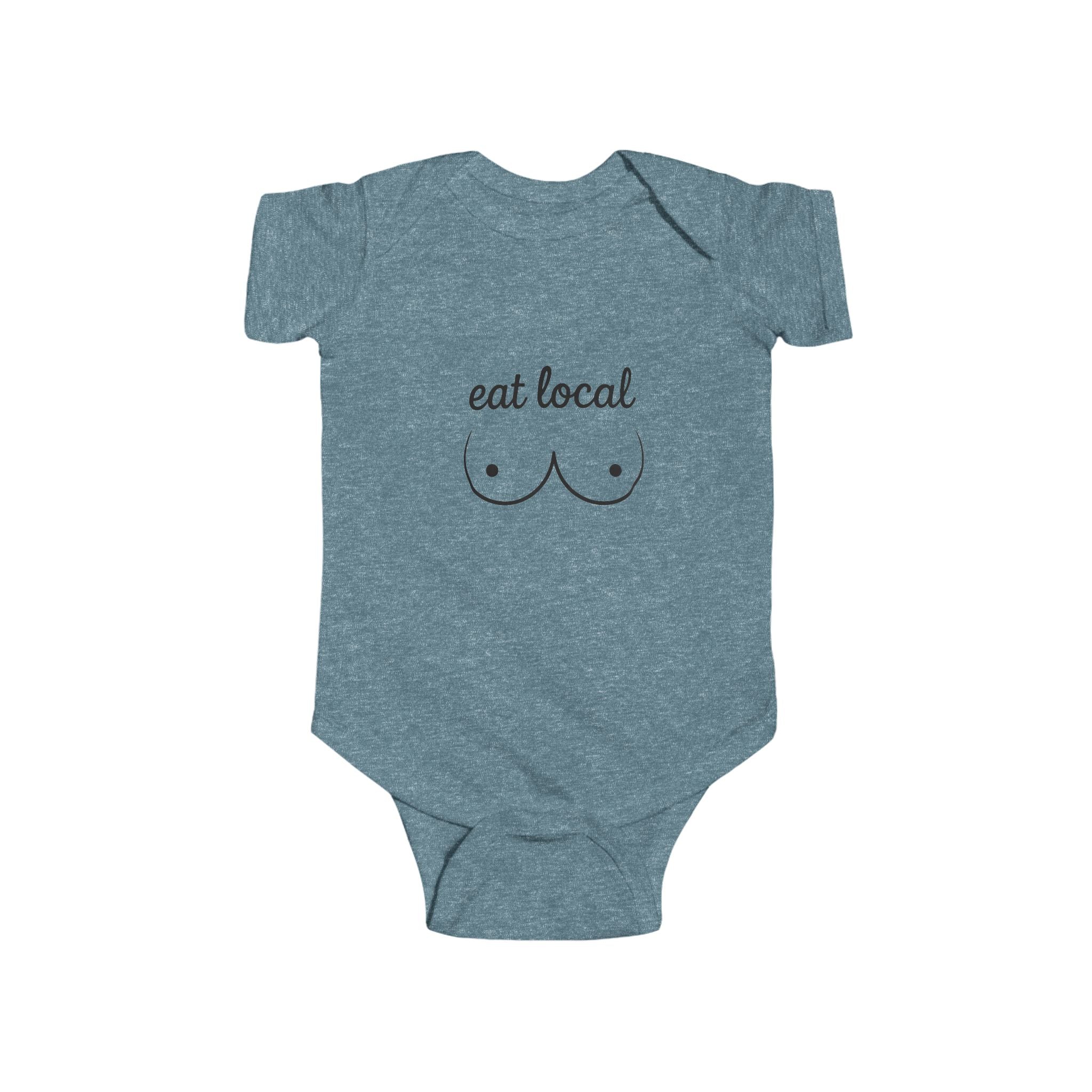 White baby onesie with "eat local" breastfeeding graphic and minimalist chest illustration