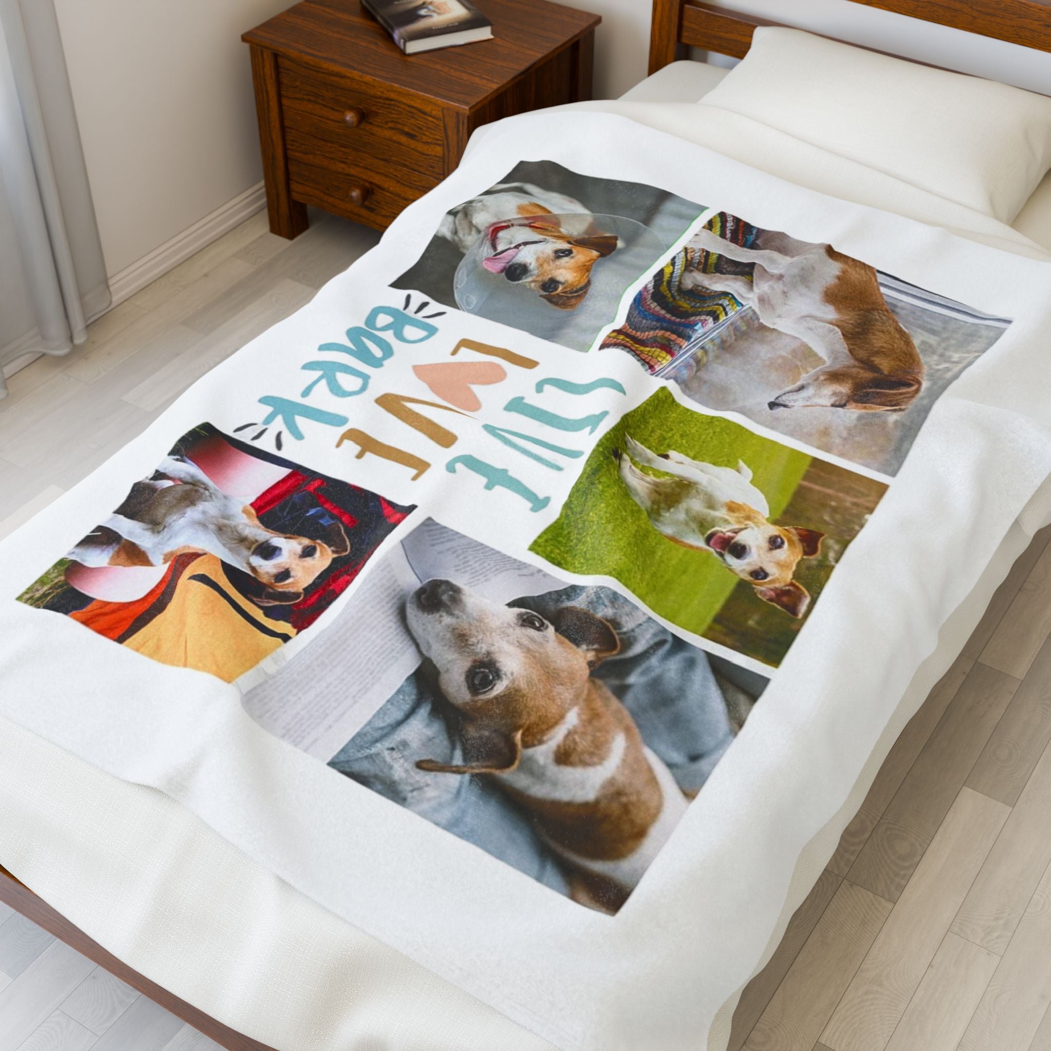 Custom fleece blanket with six dog photos and "Live Love Bark" text in blue and orange

