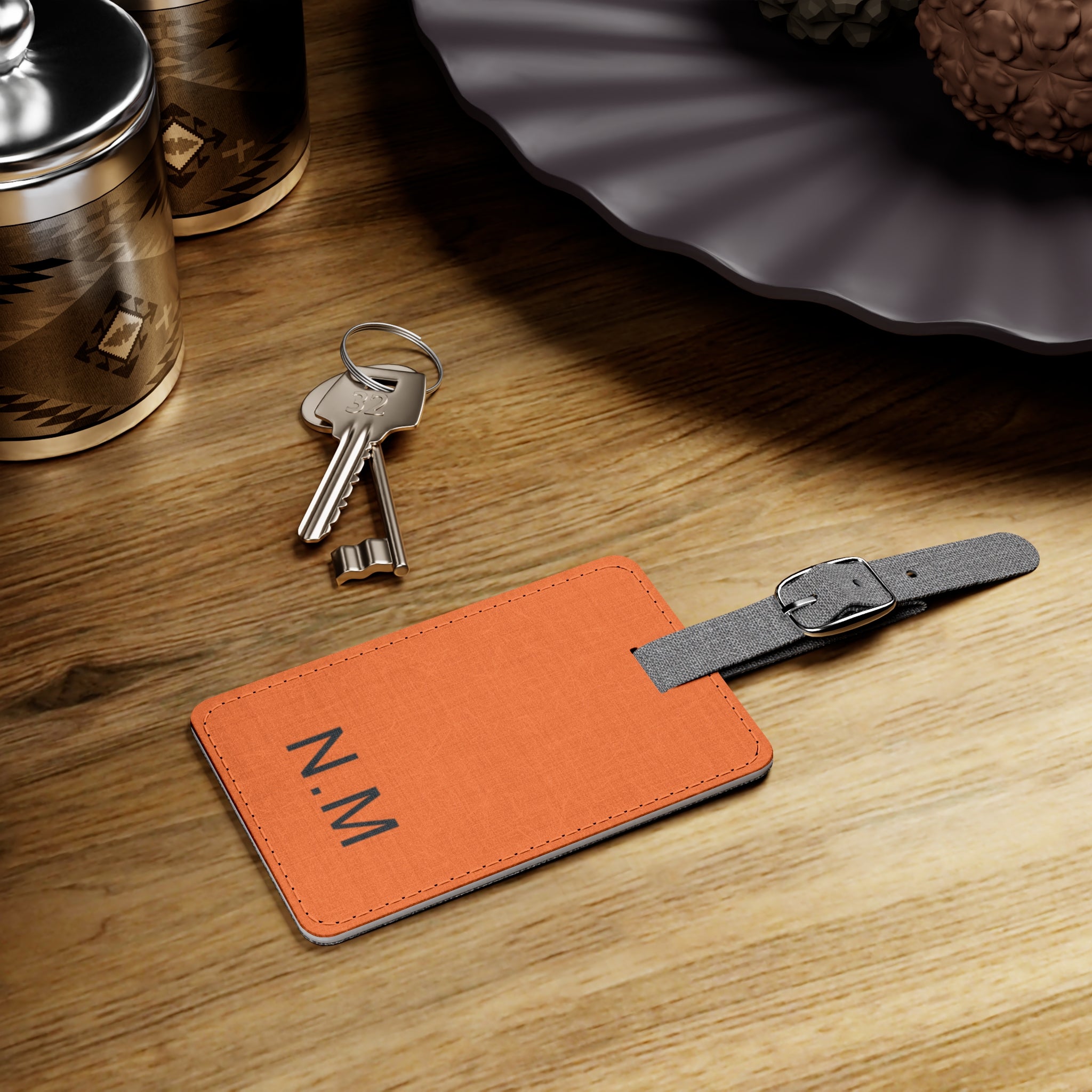 Orange Saffiano polyester luggage tag personalized with initials