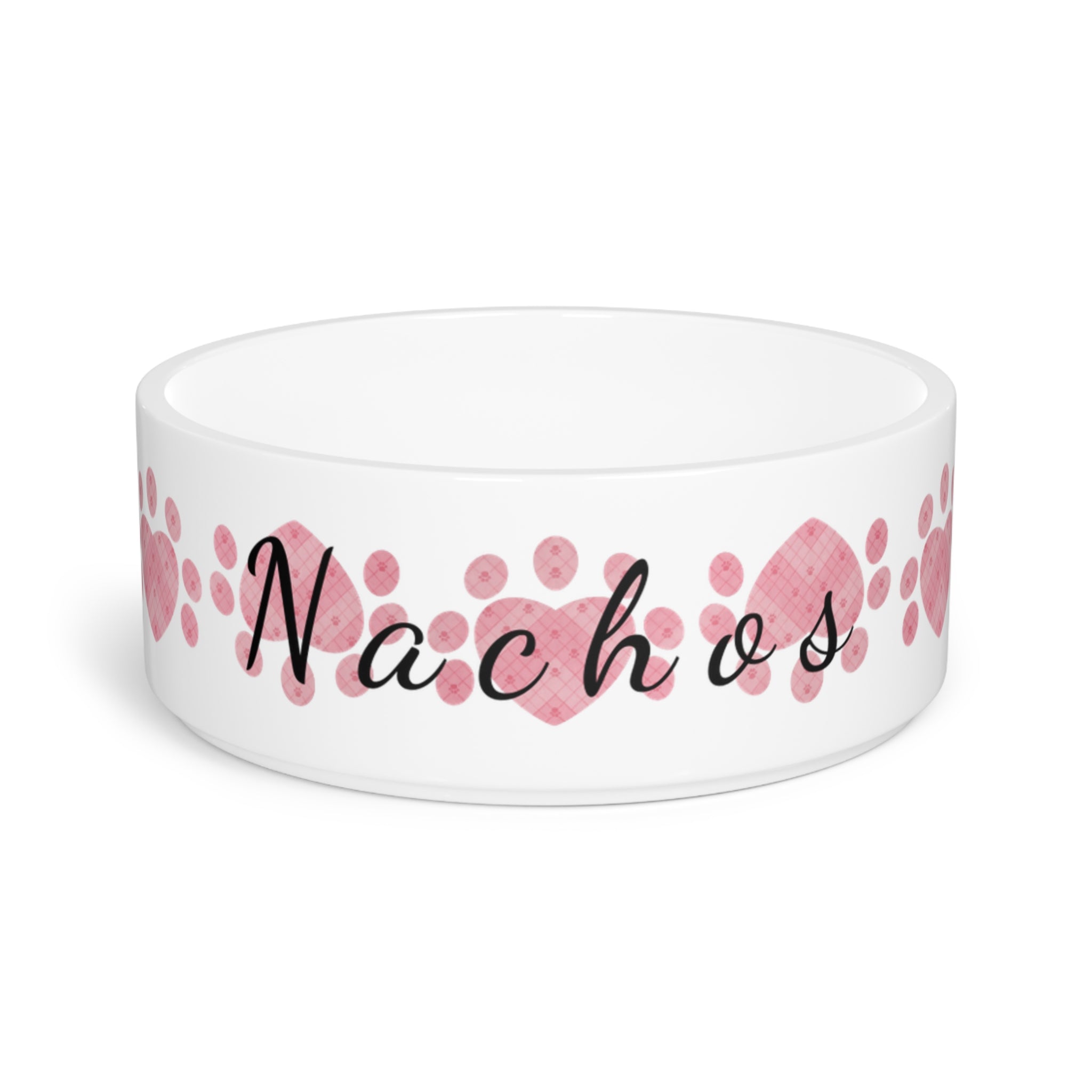 White ceramic pet bowl with heart paw prints and pet name

