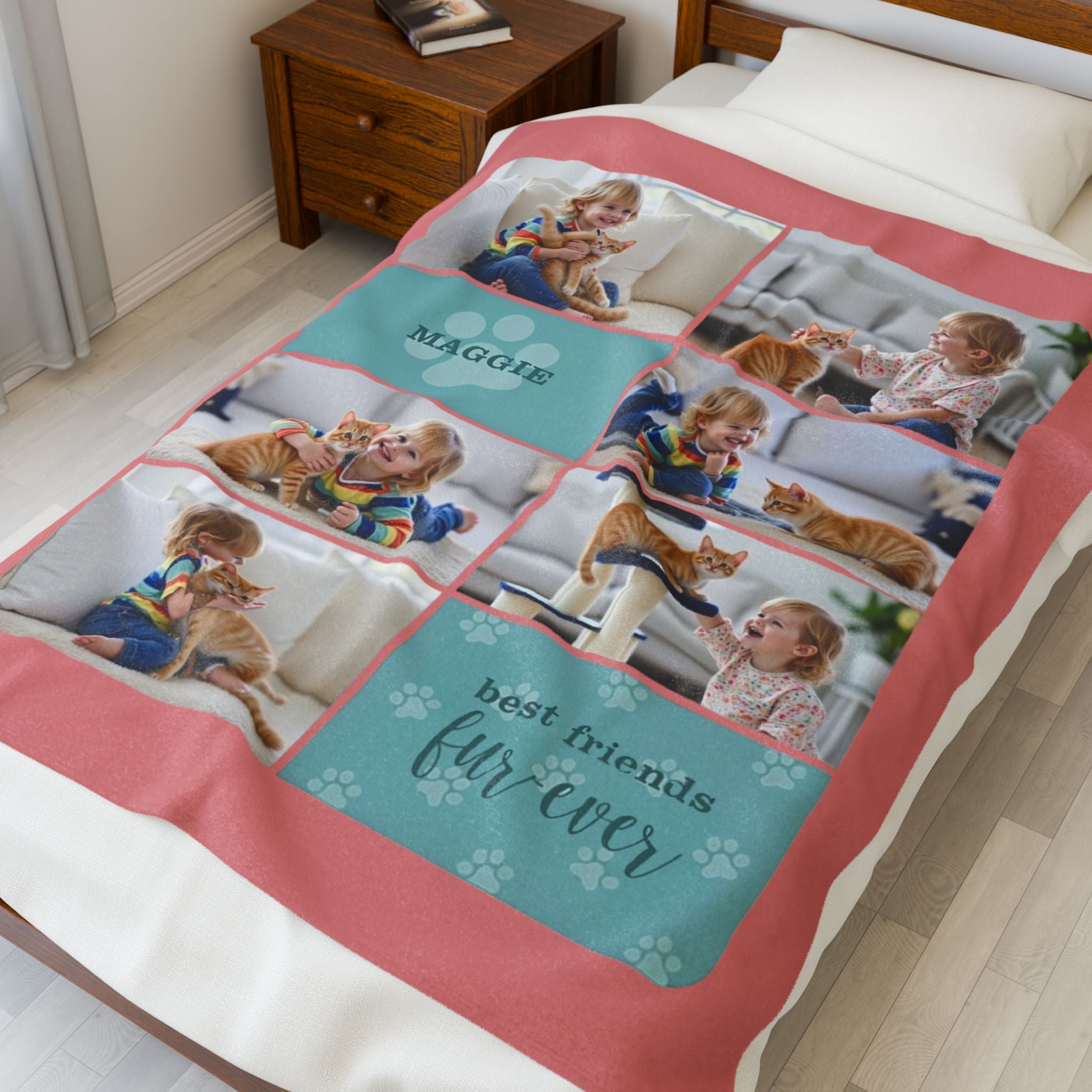 Custom pet photo blanket with paw prints, personalized name, and “best friends fur-ever” quote

