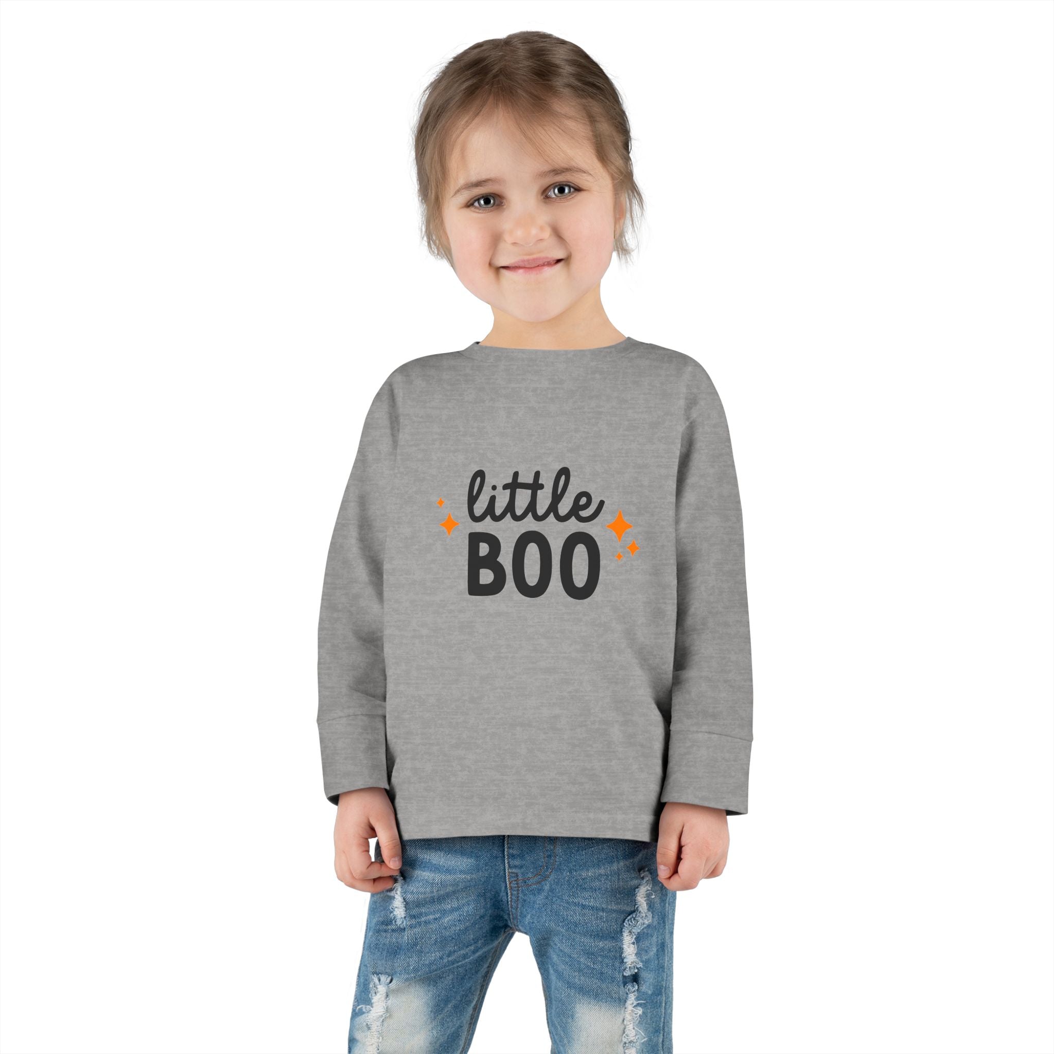 Toddler wearing grey Little Boo shirt with jeans