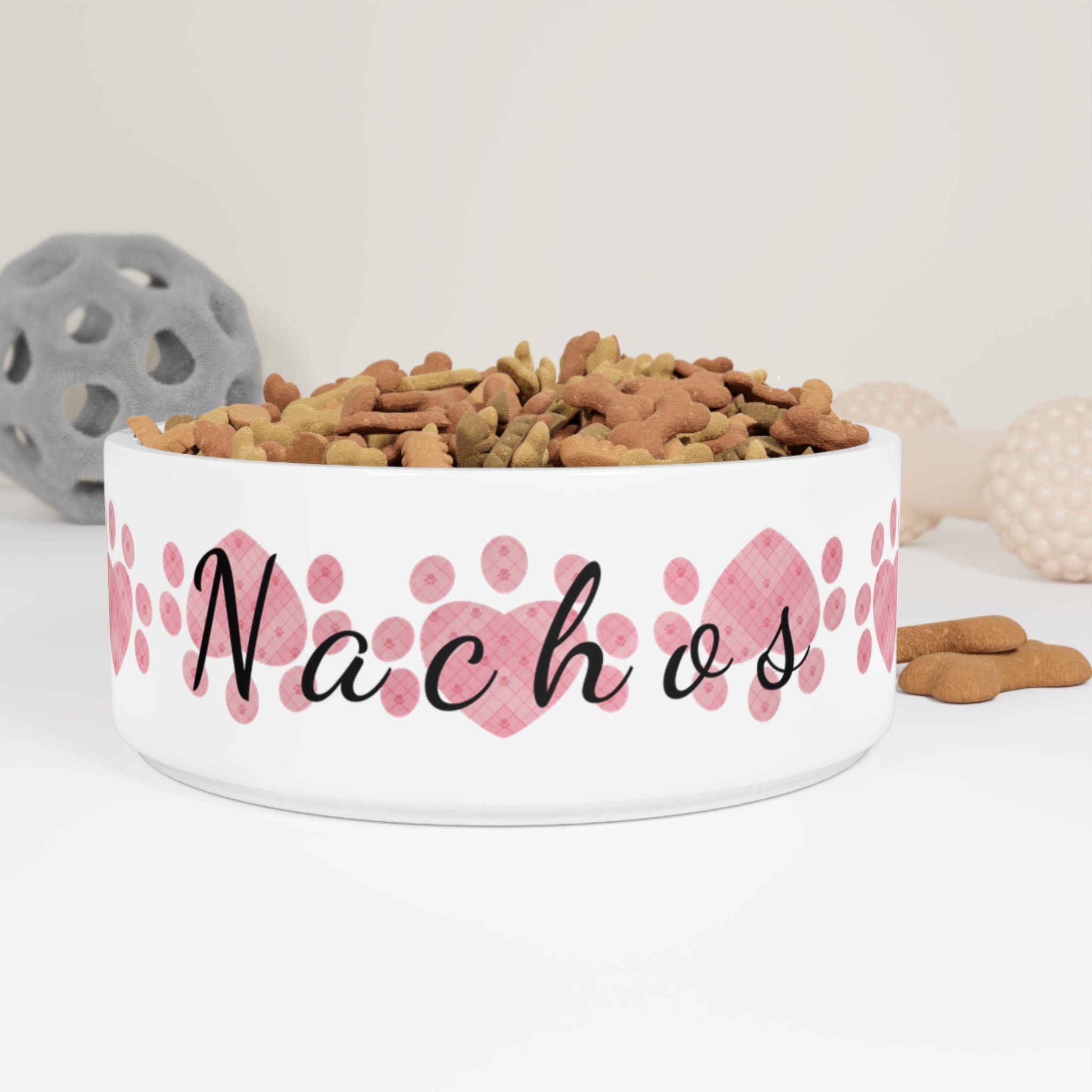 White ceramic pet bowl with heart paw prints and pet name
