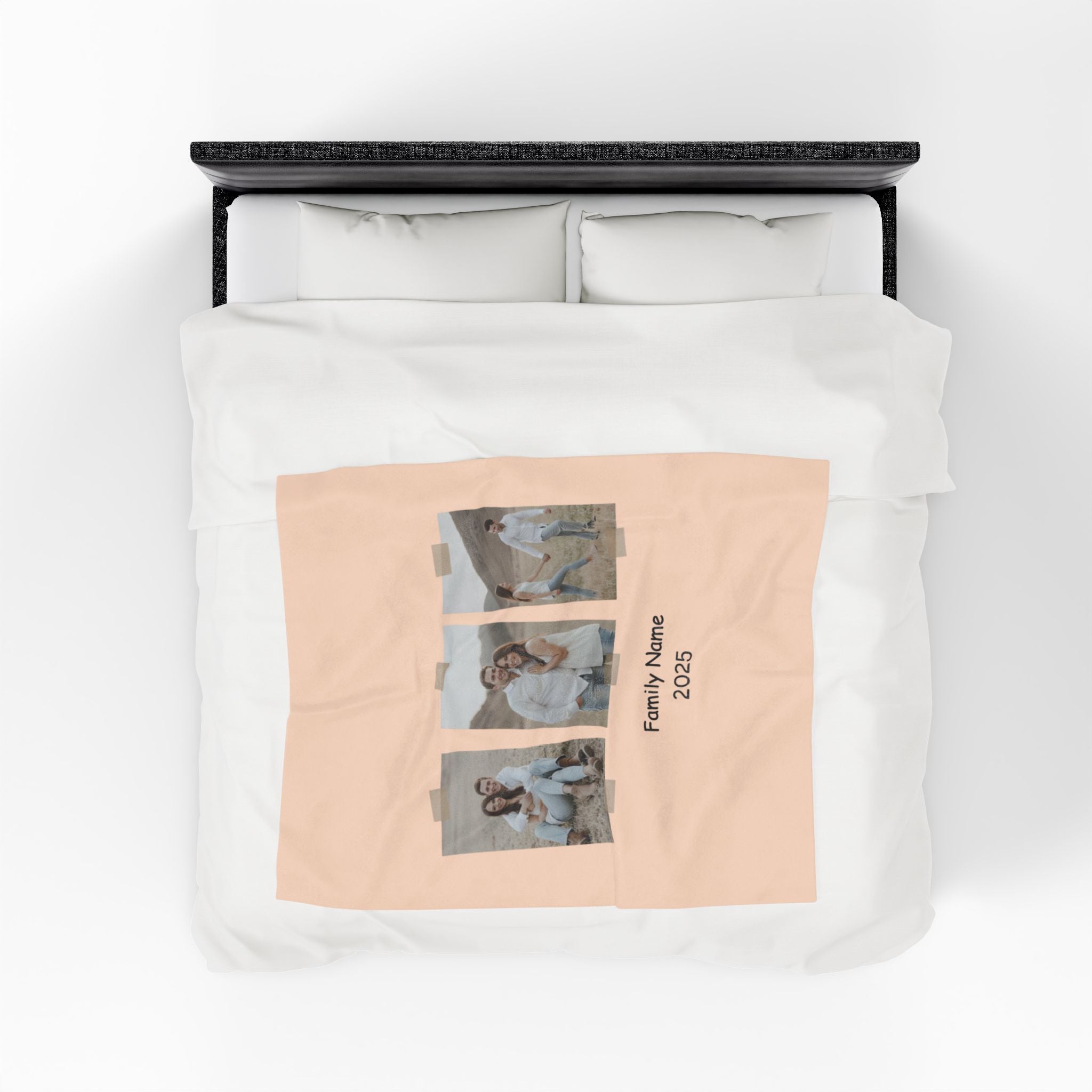 Custom family photo blanket with three vertical pictures and personalized name and year design
