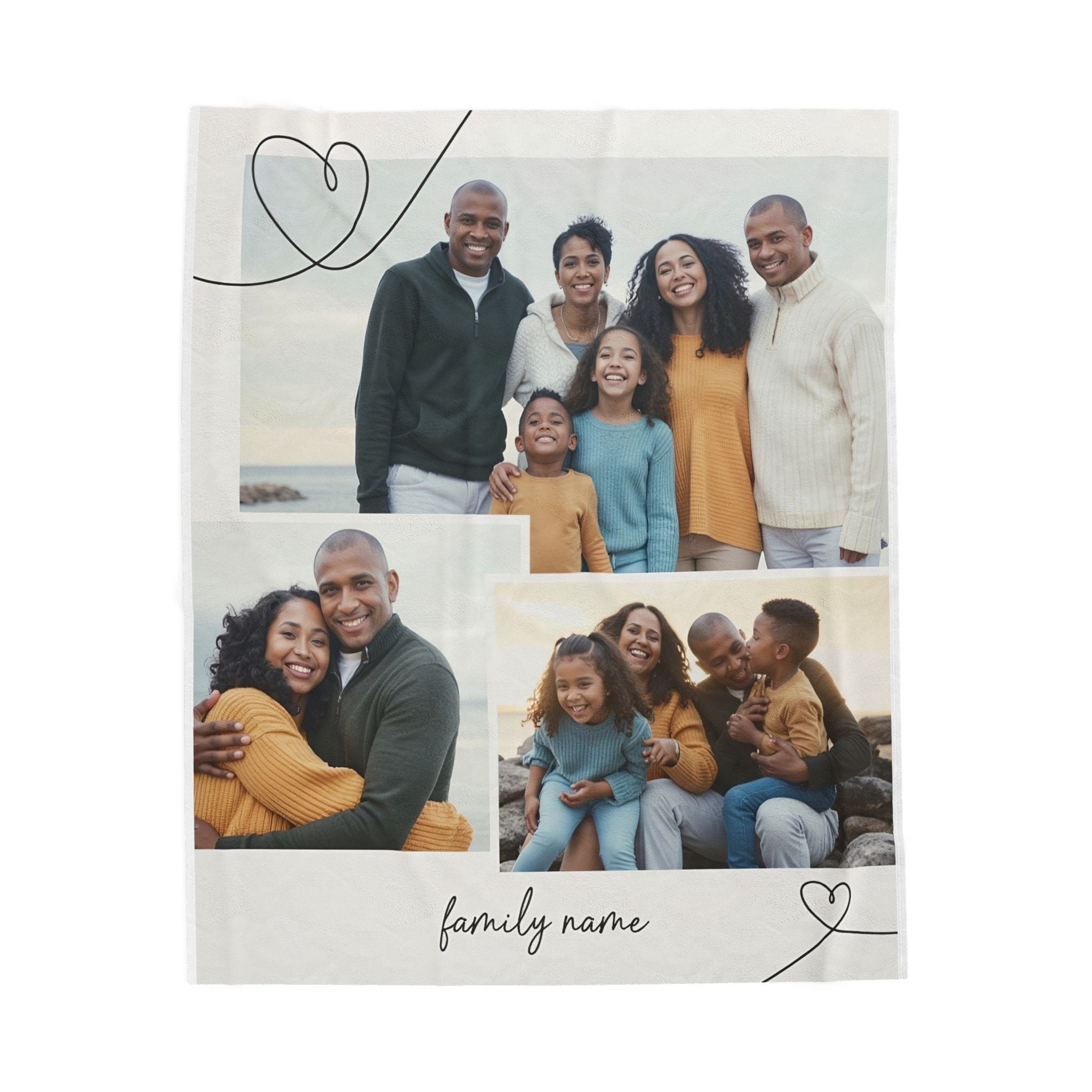 Personalized photo collage blanket with multiple family pictures and custom name in elegant script

