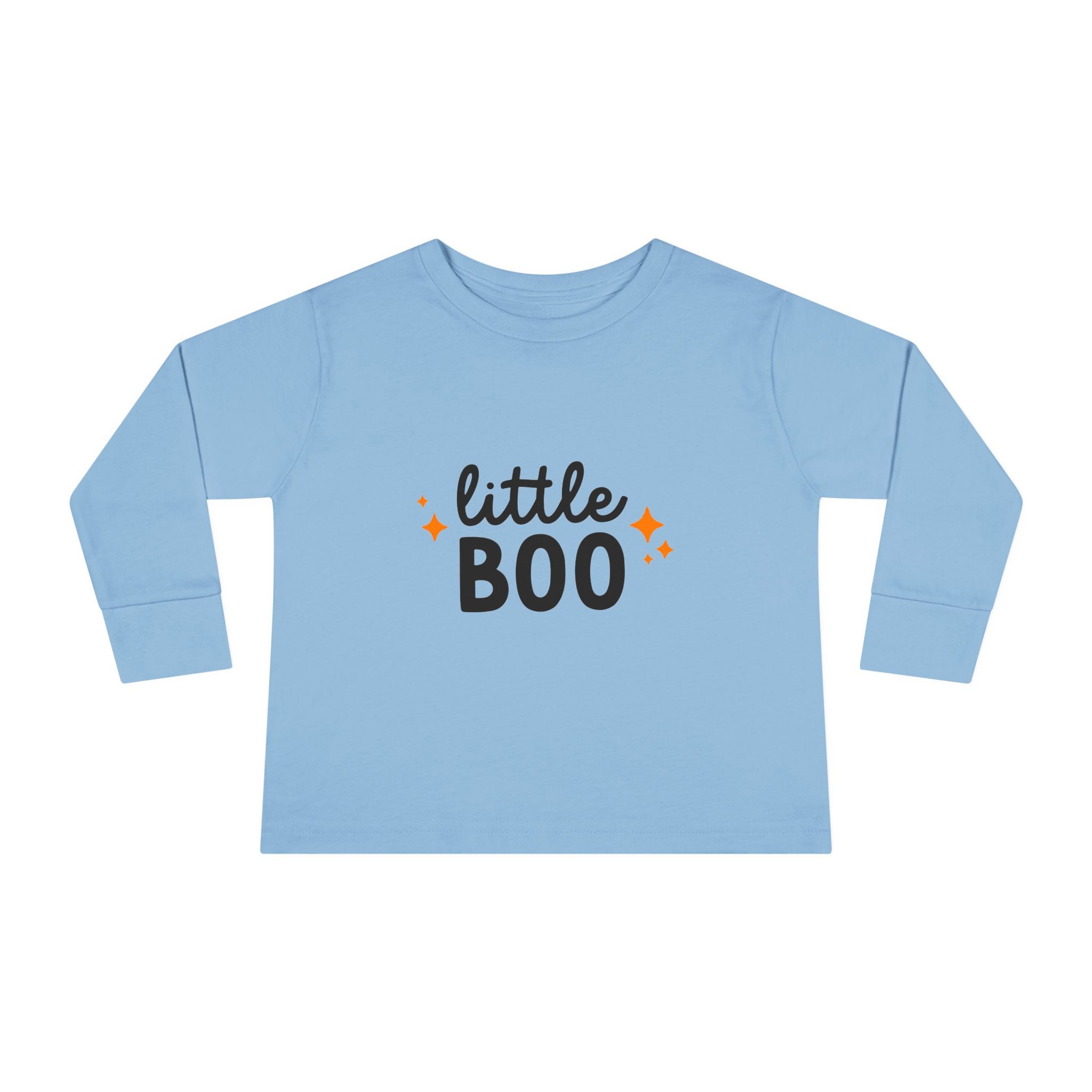 Flat lay of blue Little Boo toddler Halloween tee
