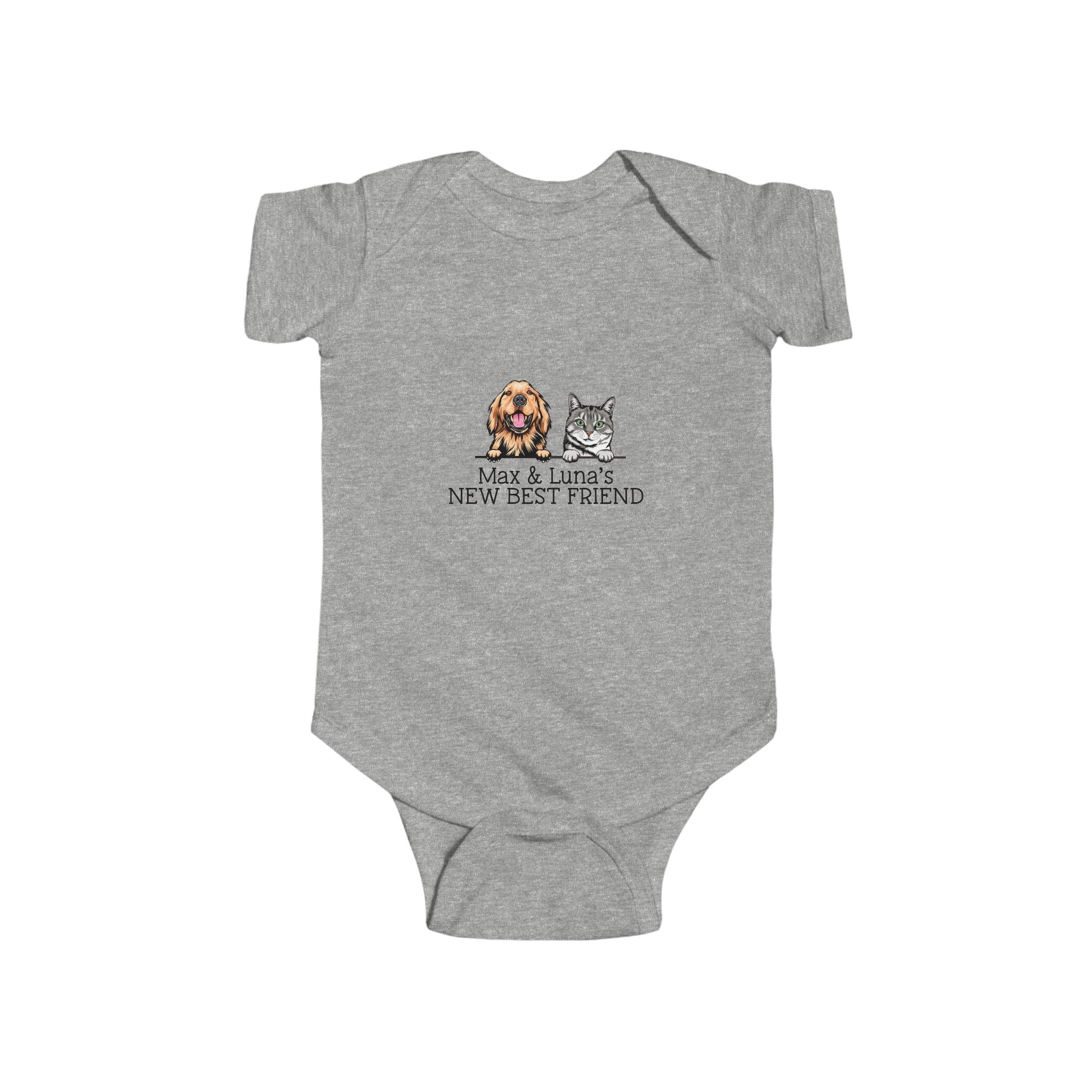 Custom baby onesie with dog and cat illustration and names
