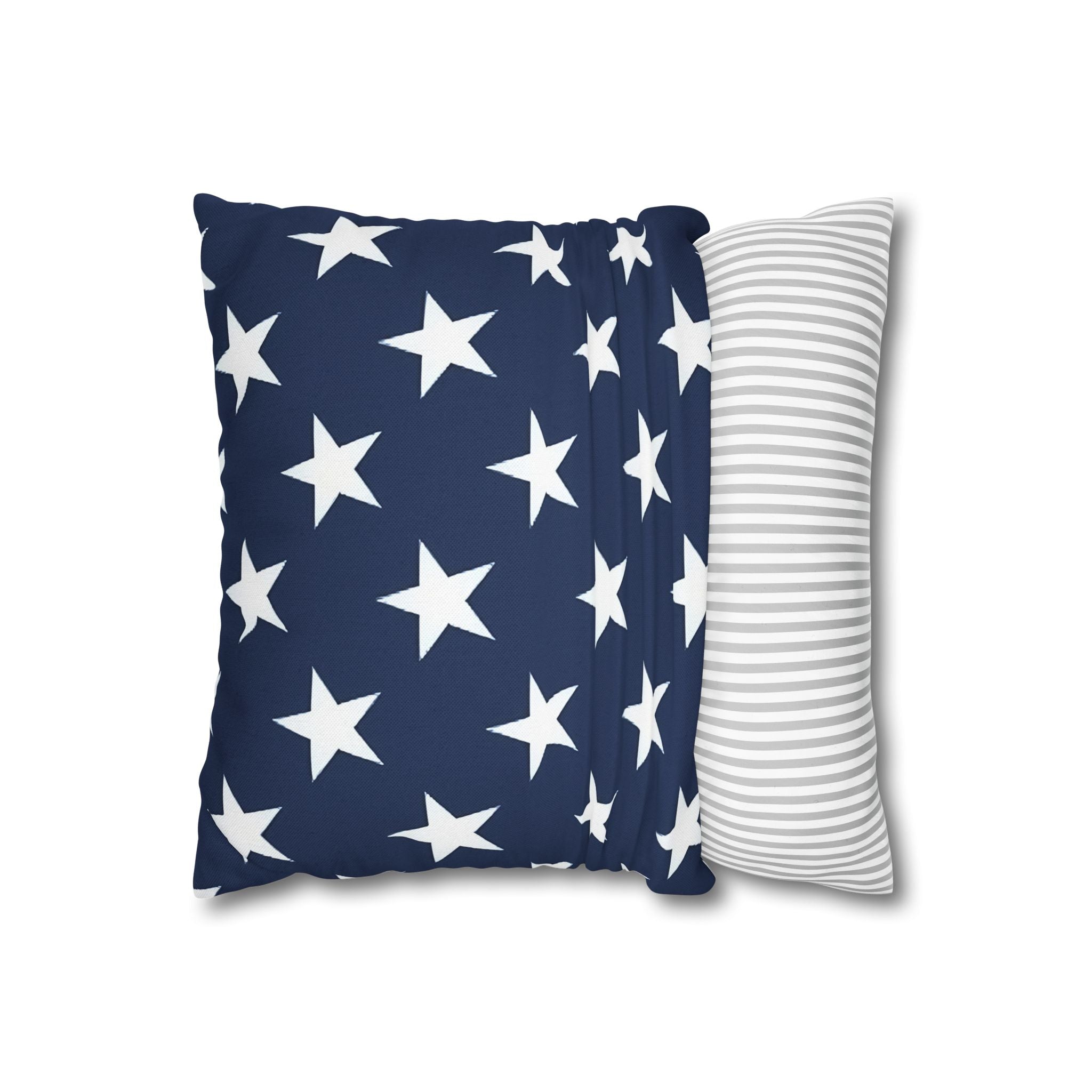 Square throw pillow with white stars on navy blue background—great for patriotic decorating and to shop Fourth of July throw pillows for indoor or outdoor use.
