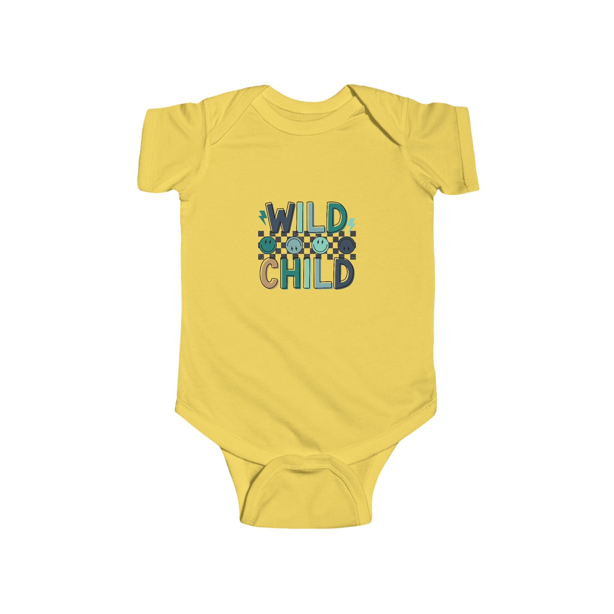 Yellow baby bodysuit with "Wild Child" bold text and playful accents
