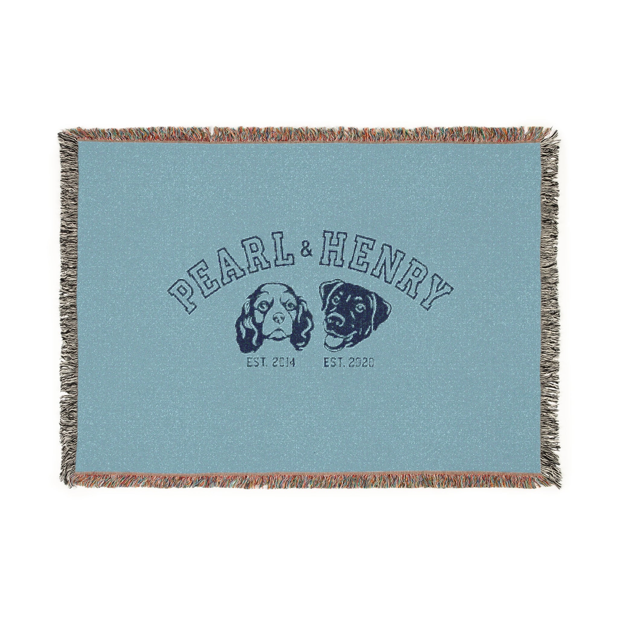 Custom woven blanket with dog illustrations and names 
