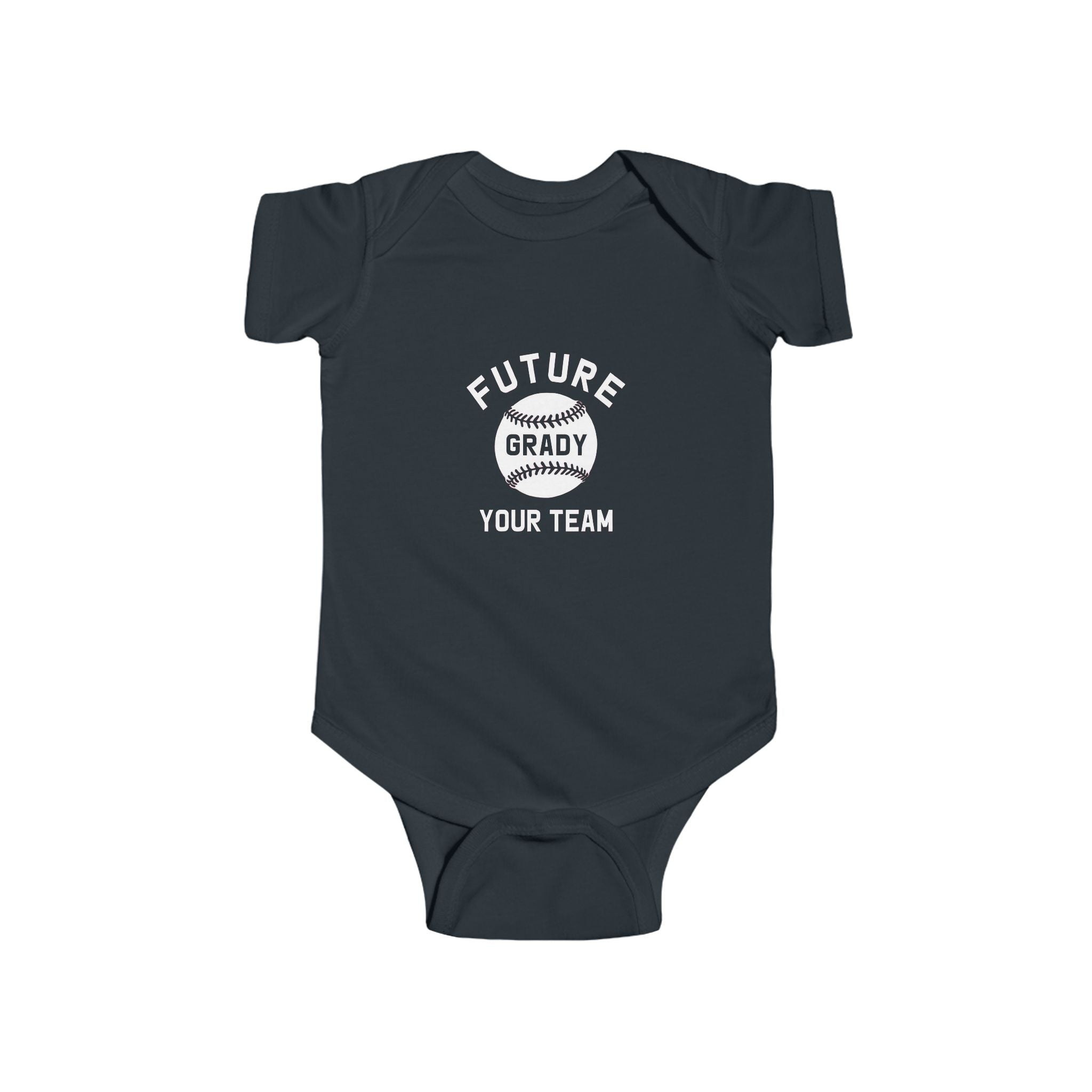 Royal blue baby onesie with white text and baseball graphic that says “Future Grady Your Team” – customizable baby bodysuit for sports fans