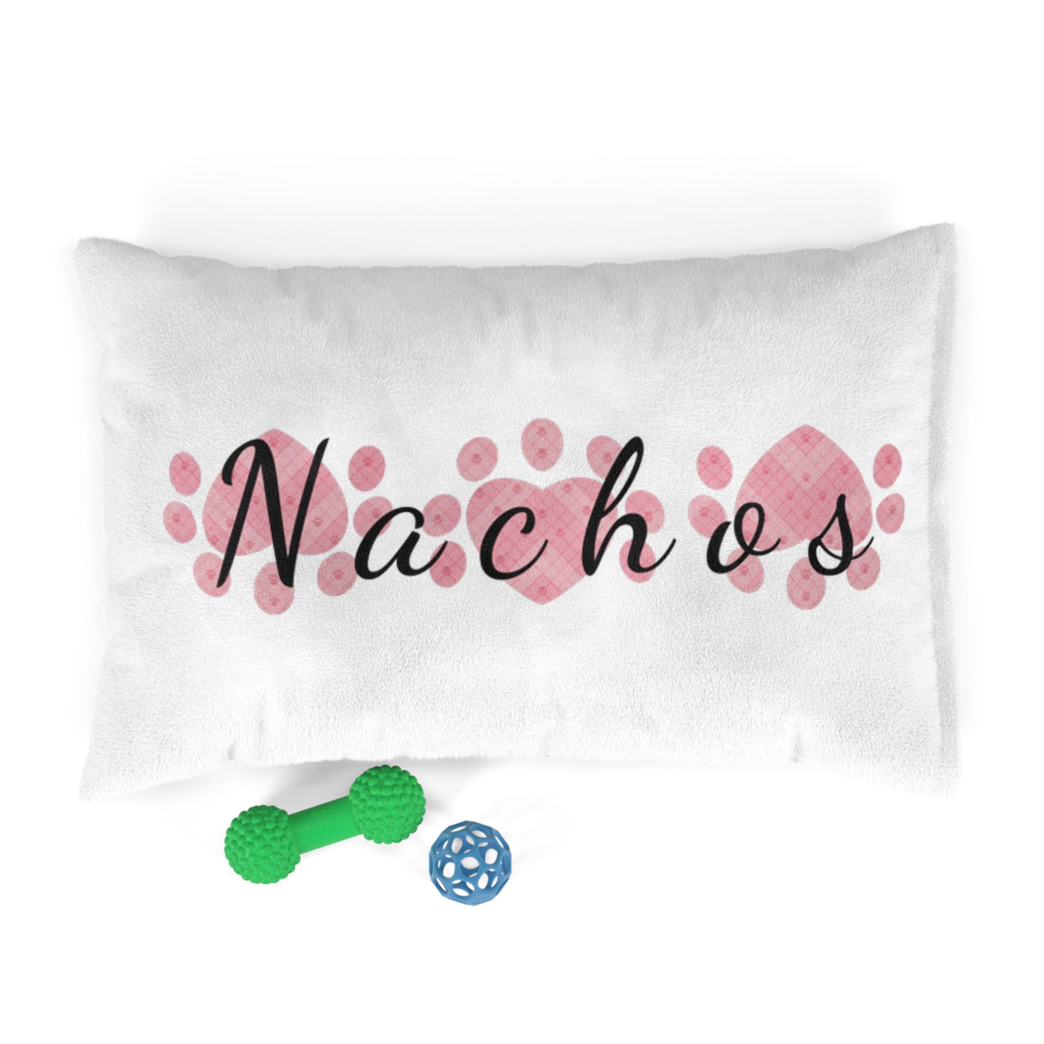 Custom pet bed with heart paw design and personalized name in soft indoor fabric

