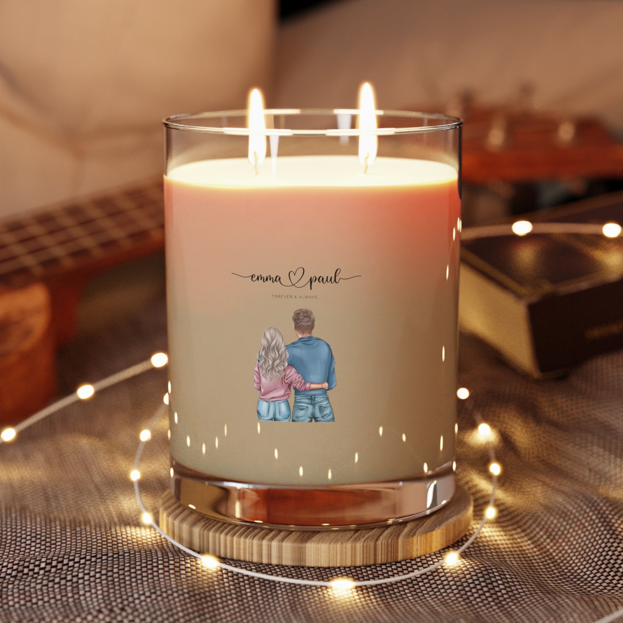 Elegant personalized candle with 'Forever & Always' custom design