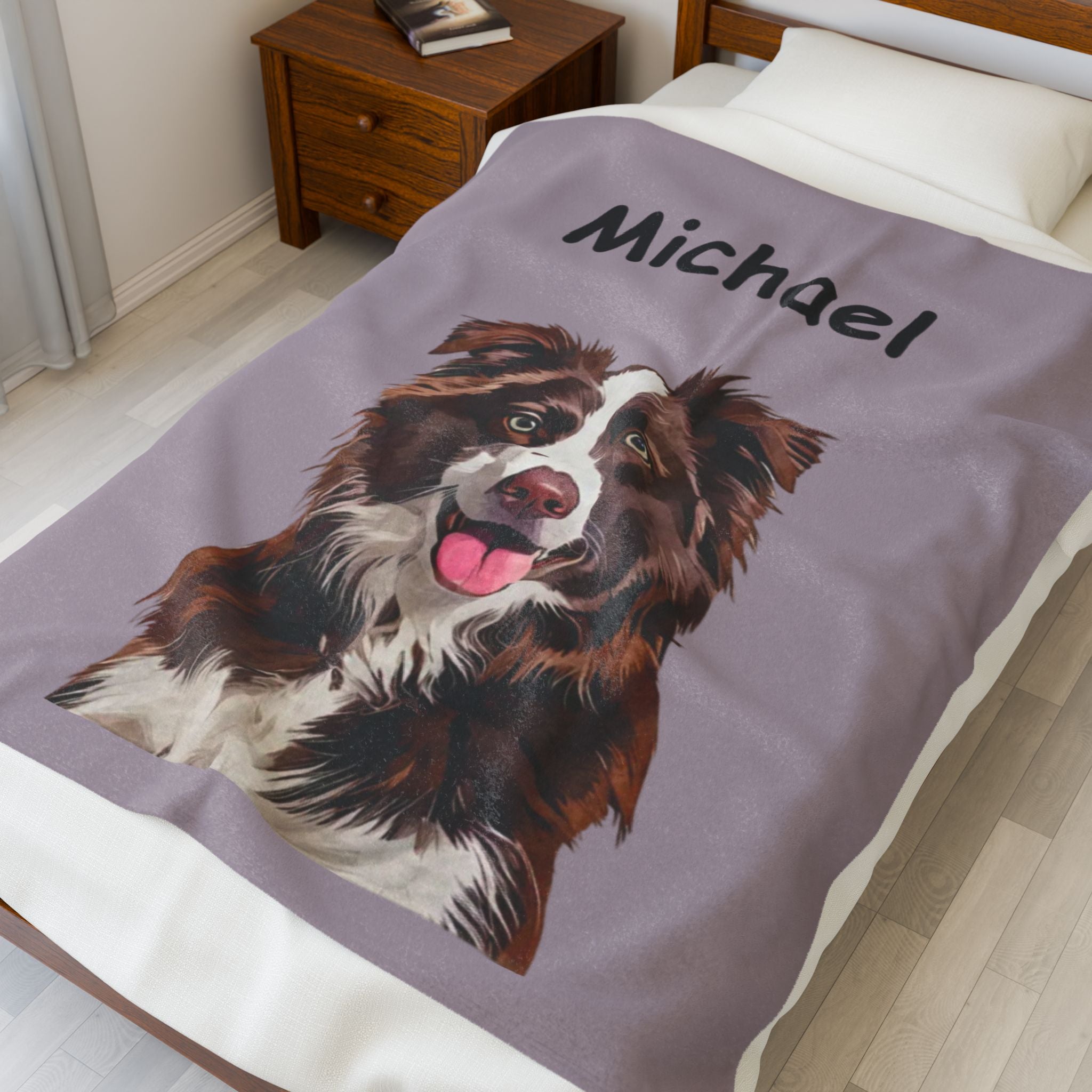 Pet portrait blanket with a custom illustrated pet and the name