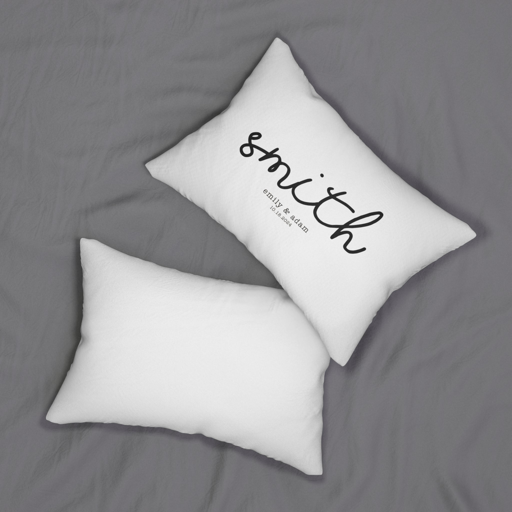 Elegant couple’s pillow with black script font and modern design

