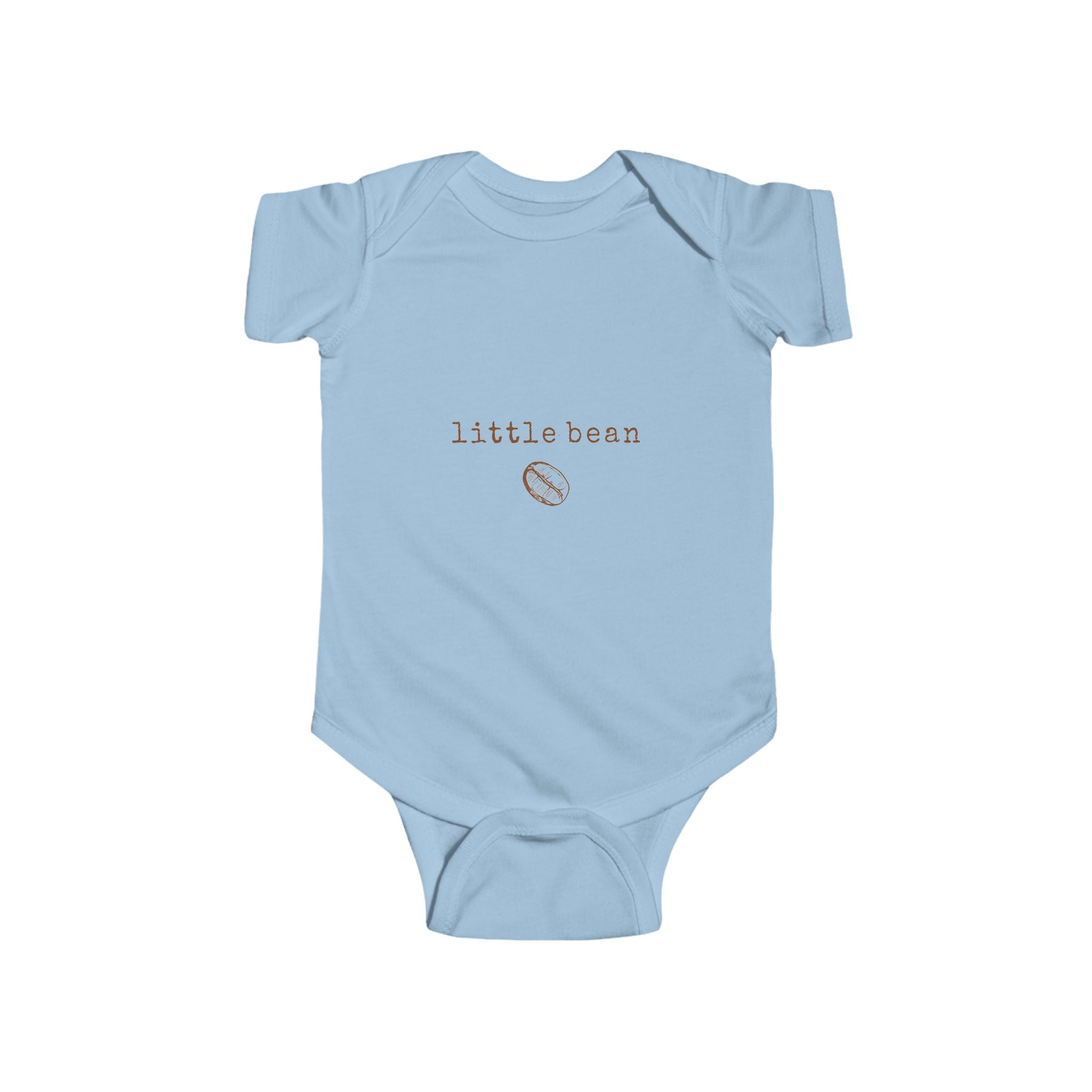 Minimalist baby bodysuit with typewriter font and bean illustration

