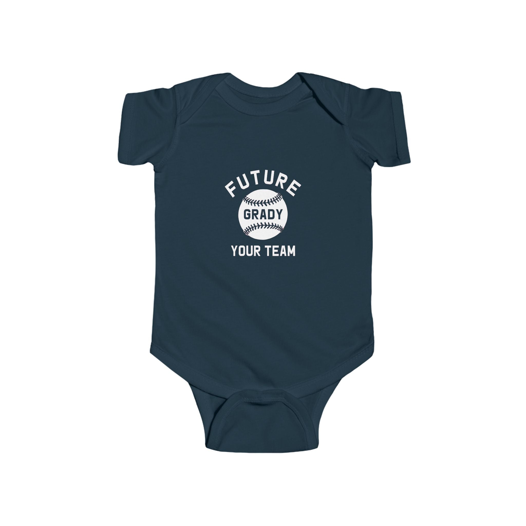 Royal blue baby onesie with white text and baseball graphic that says “Future Grady Your Team” – customizable baby bodysuit for sports fans