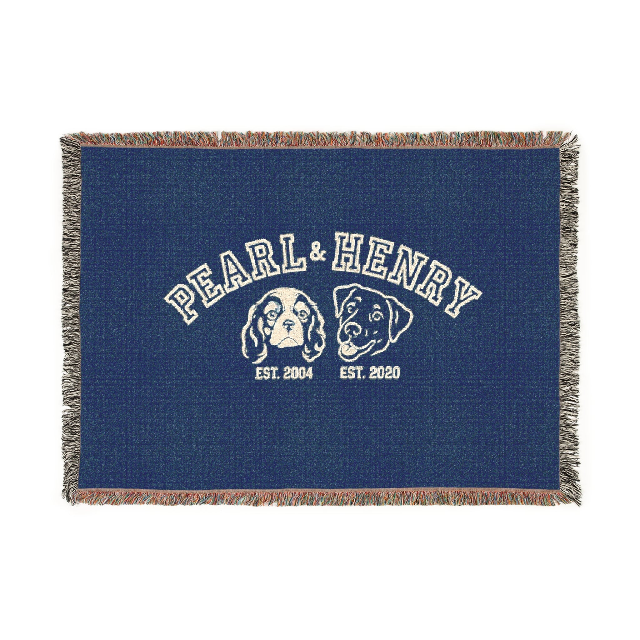 Custom woven blanket with dog illustrations and names 