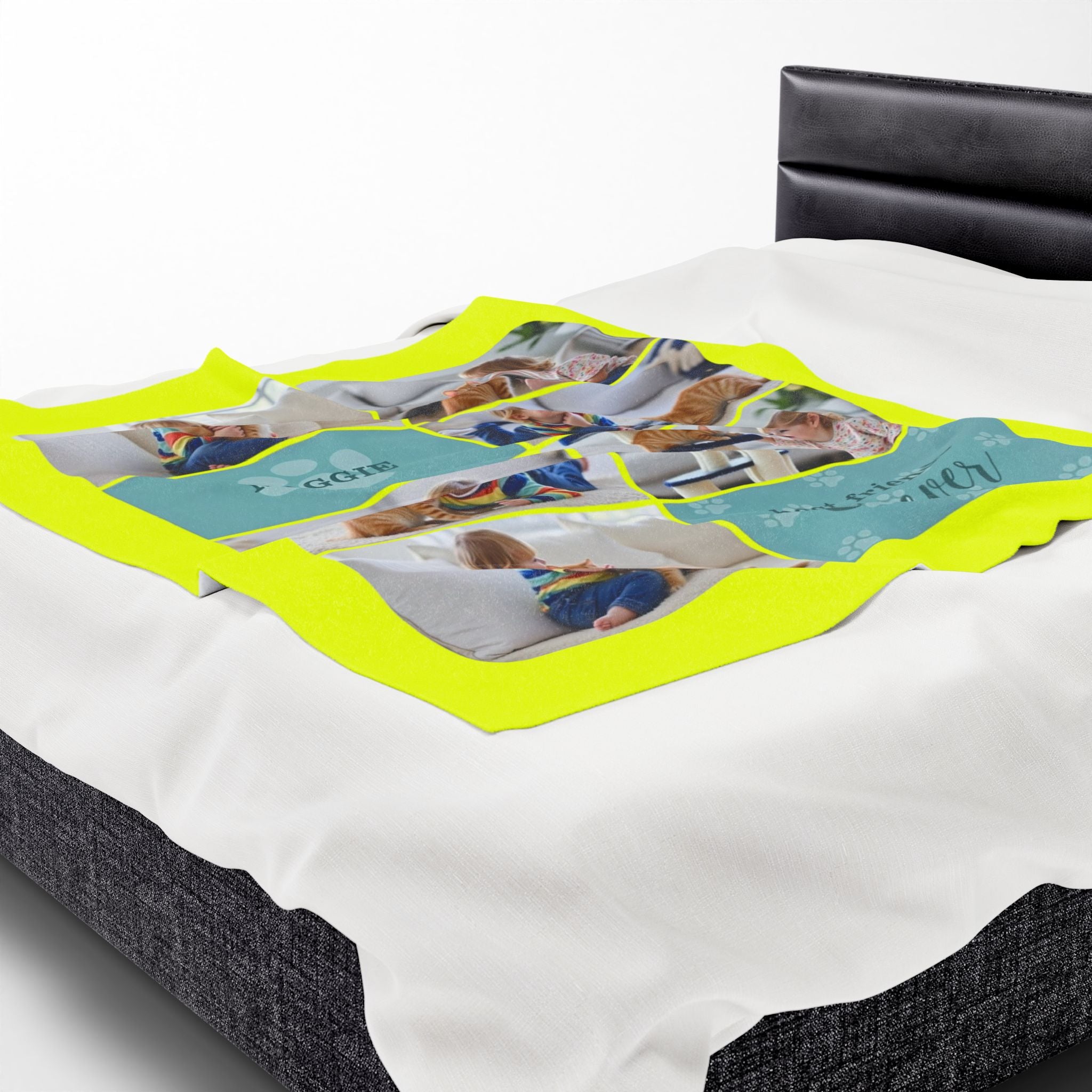 Custom pet photo blanket with paw prints, personalized name, and “best friends fur-ever” quote

