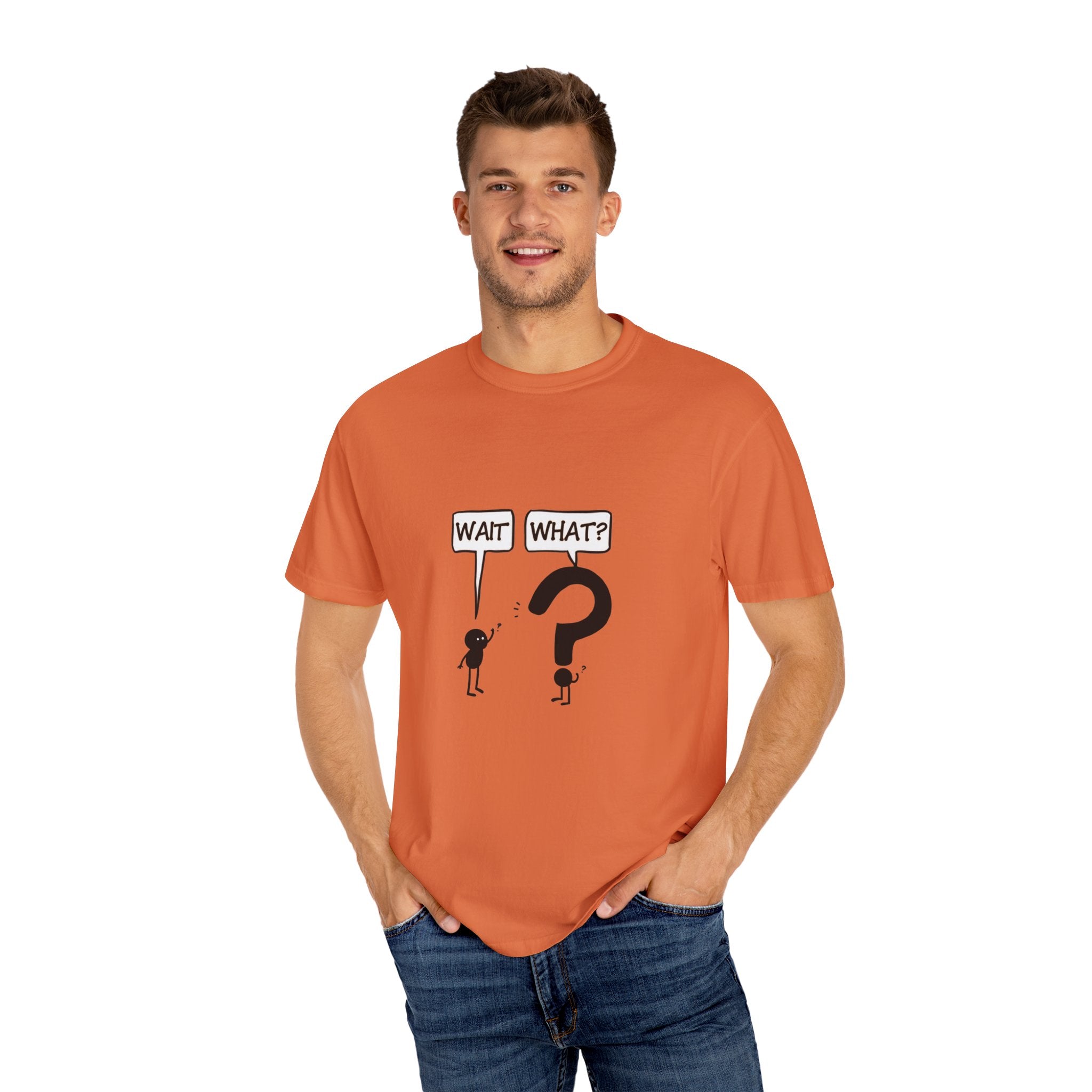 Funny stick figure t-shirt with “Wait What?” quote and cartoon question mark design on unisex cotton tee








