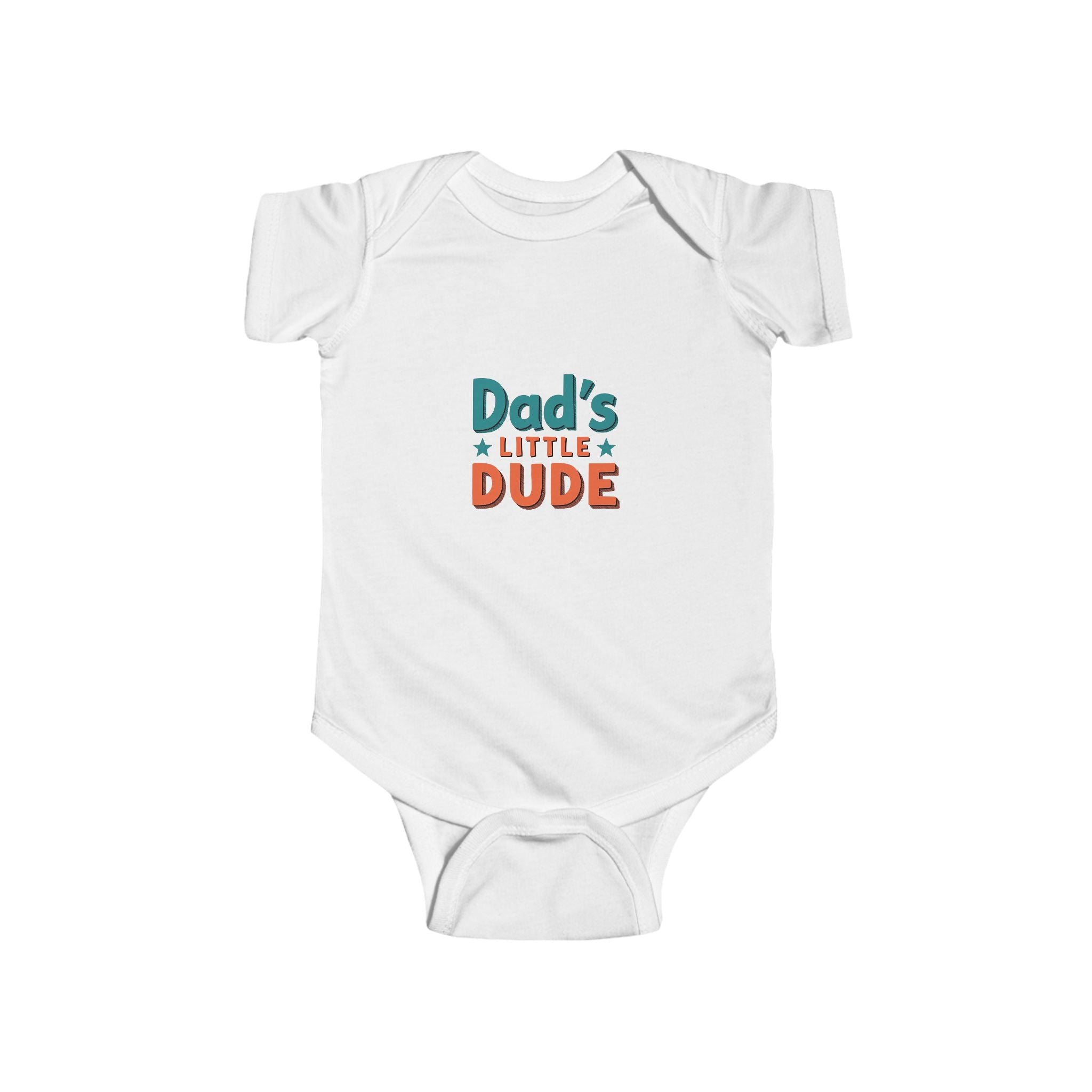 baby onesie with “Dad’s Little Dude” design in bold retro lettering—cute Father’s Day gift and everyday baby boy outfit.