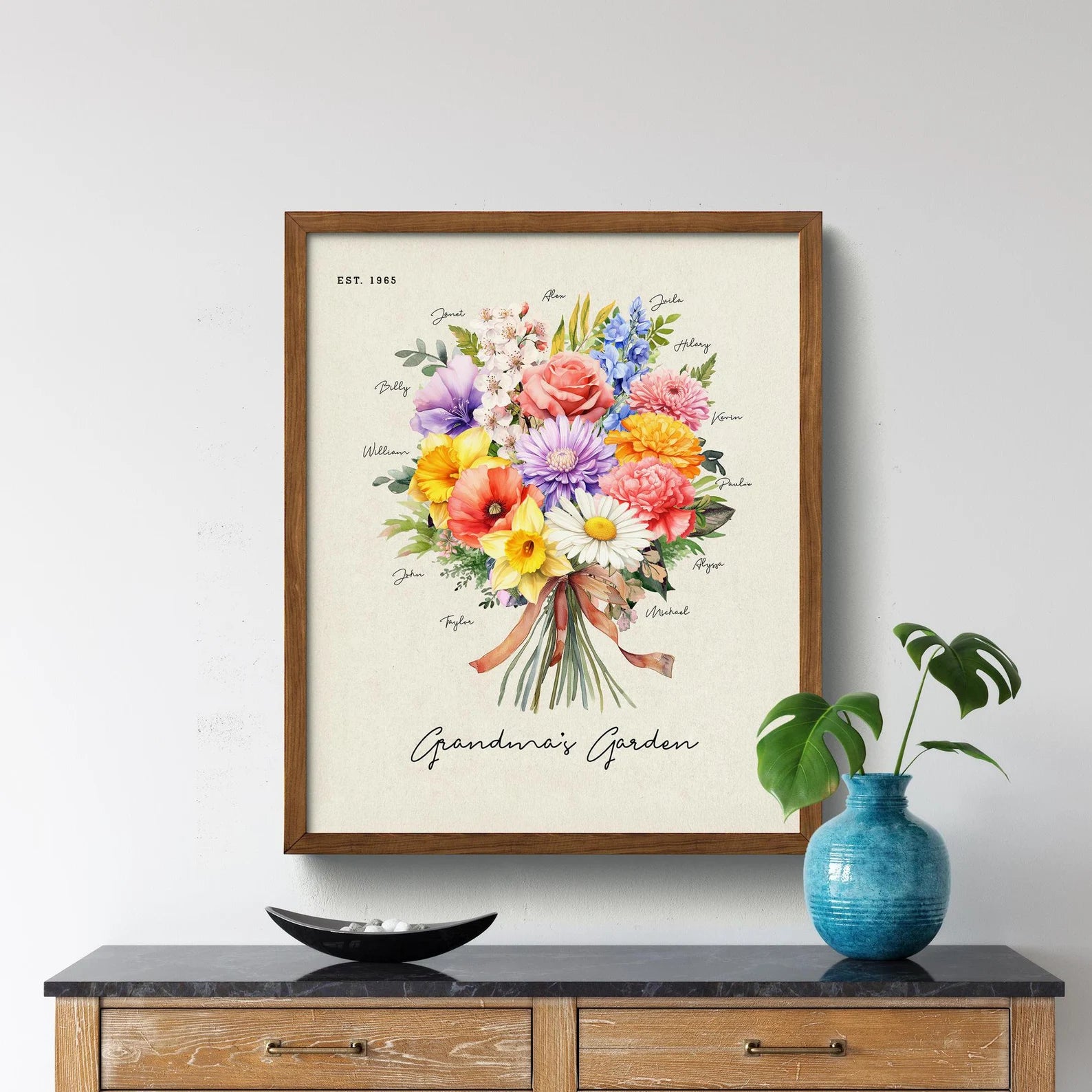 Framed personalized art print titled “Mom’s Garden” featuring a watercolor-style bouquet of birth flowers labeled with grandchildren’s names.

