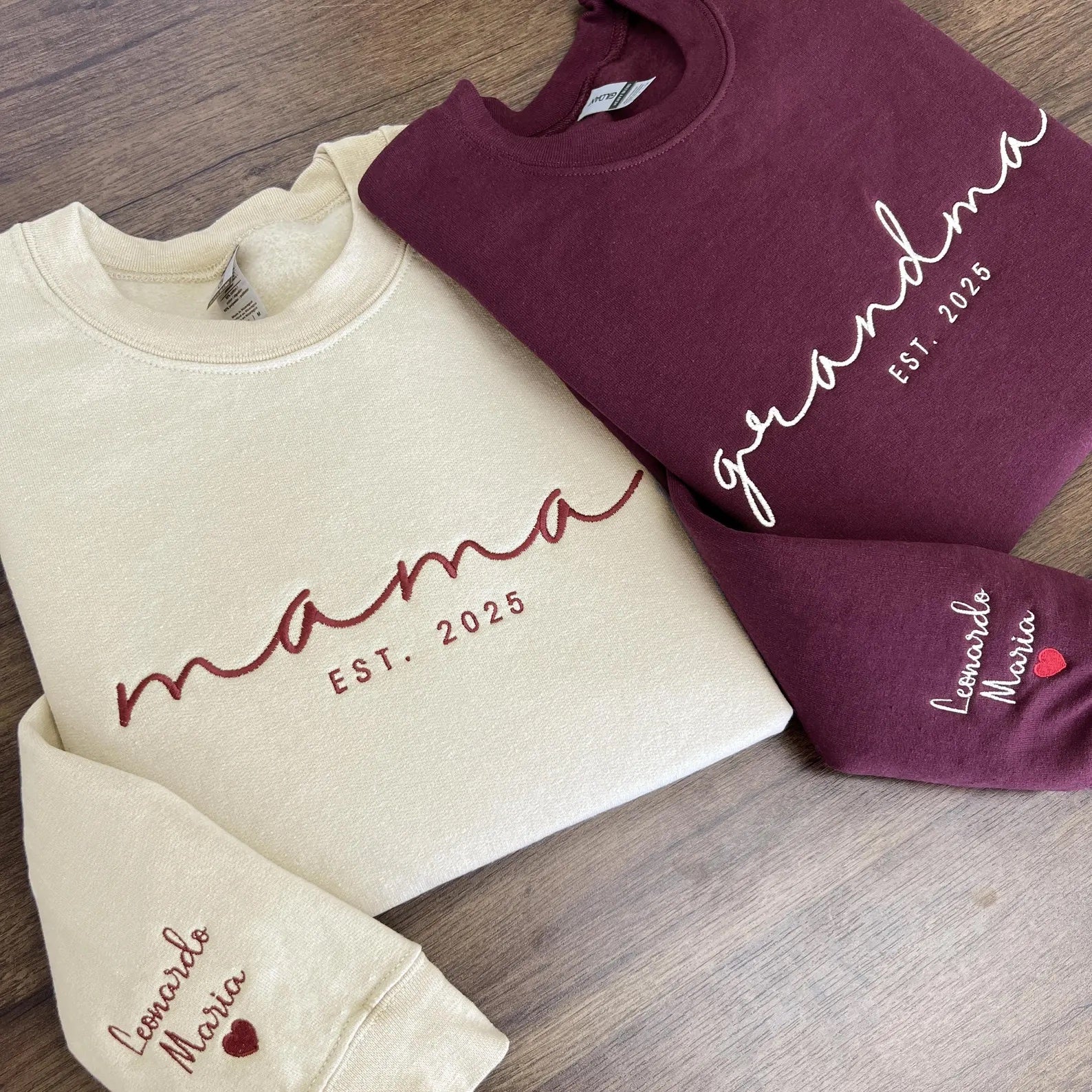 Personalized matching embroidered sweatshirts for mom and grandma with “mama” and “grandma” script text