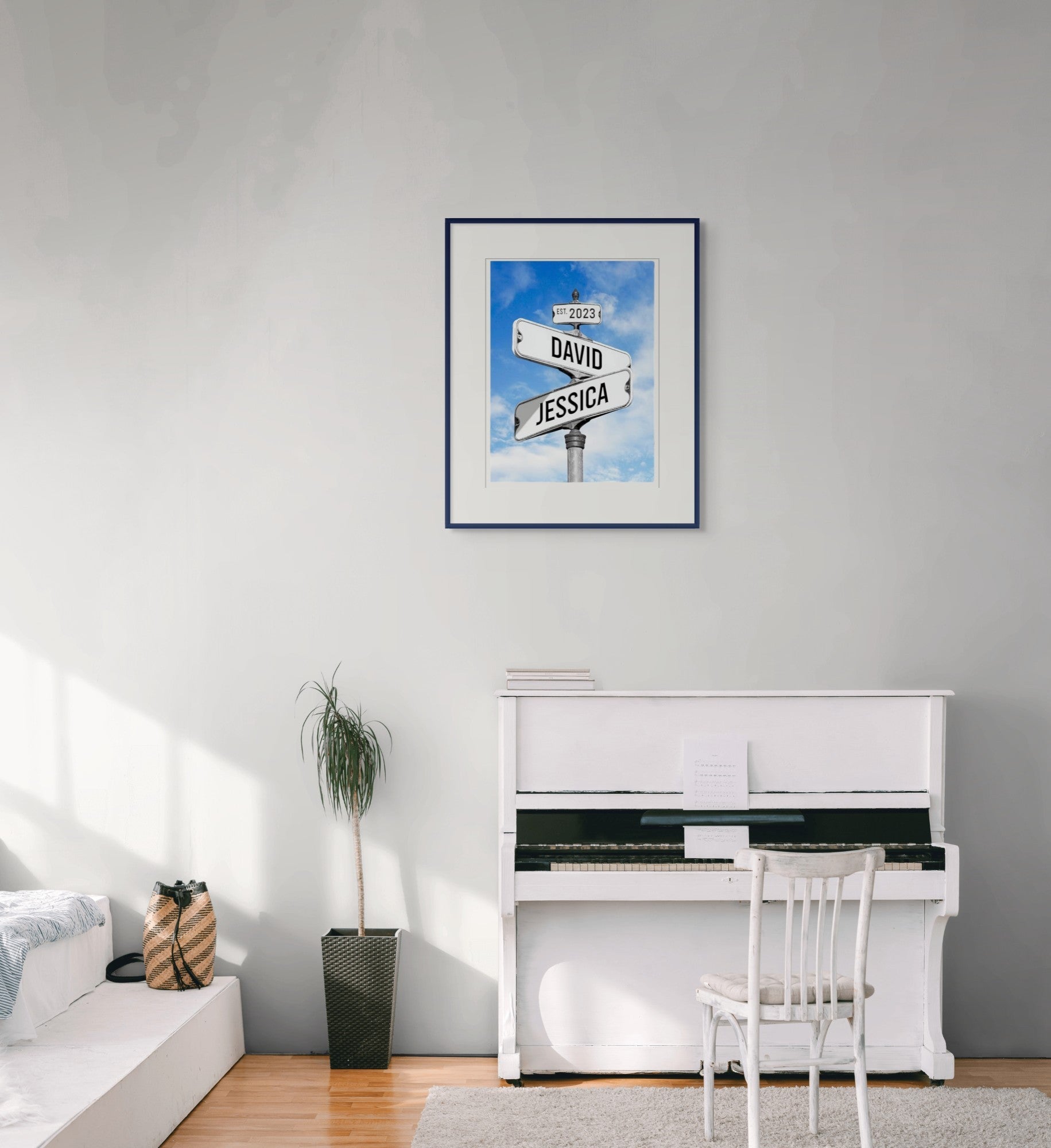 Personalized street sign print featuring names and established year for couples