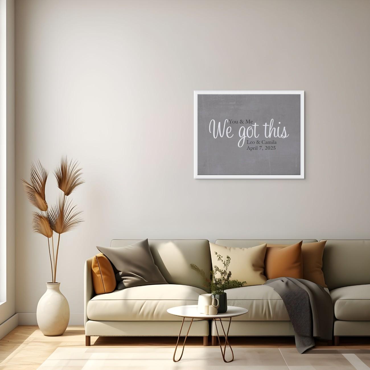 “You & Me – We Got This” personalized canvas print with names and date—perfect for romantic home decor and anniversary gifts for him and her.