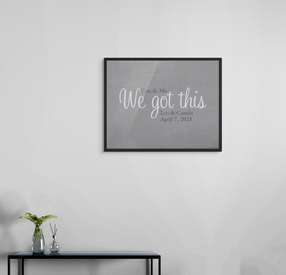 “You & Me – We Got This” personalized canvas print with names and date—perfect for romantic home decor and anniversary gifts for him and her.